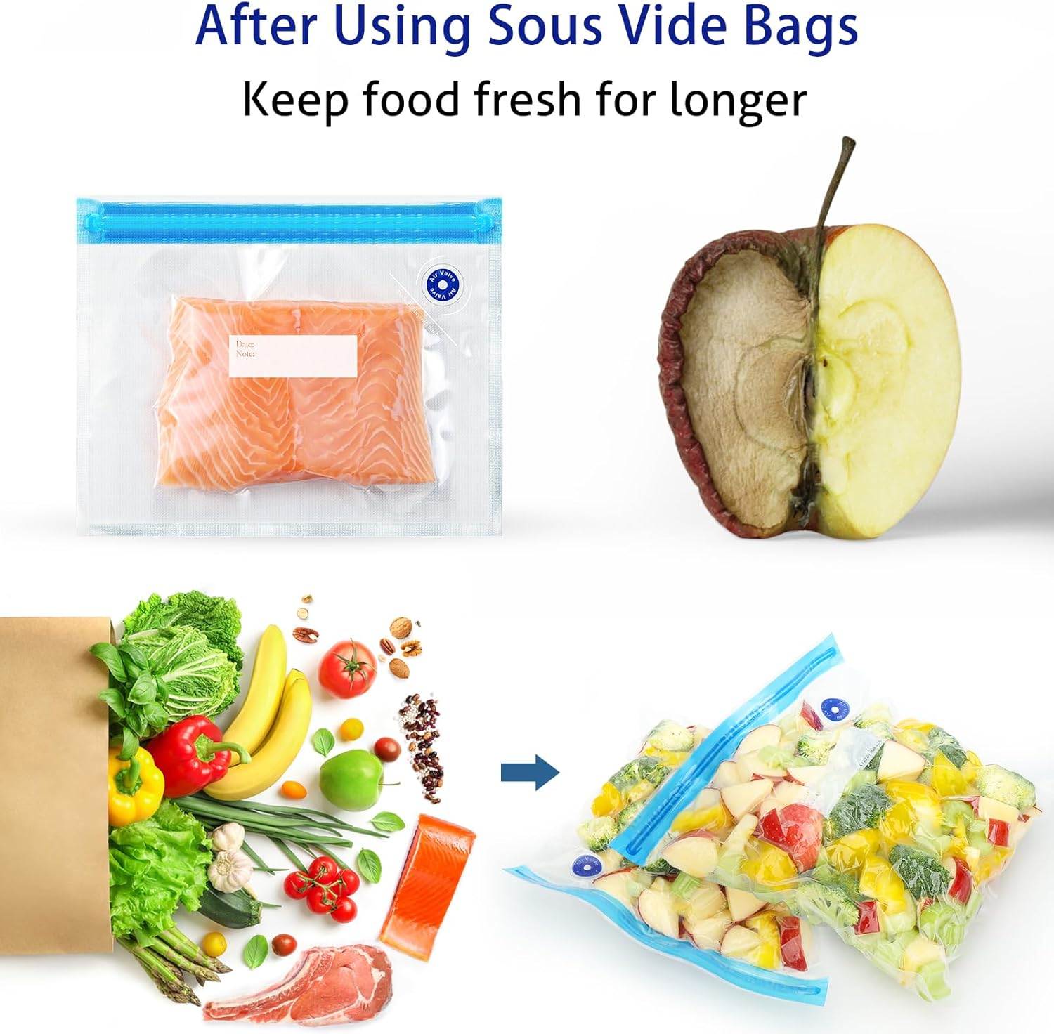 Sous Vide Bags 31 Pcs (24 Pcs Vacuum Zipper Bags & 2 Seal Clips & 5 Air Valves), Reusable BPA Free Vacuum Sealer Bags (8.5 * 8.5In) Vacuum Food Storage Bags for Cooking/Food Storage/Microwave Heating image number 2