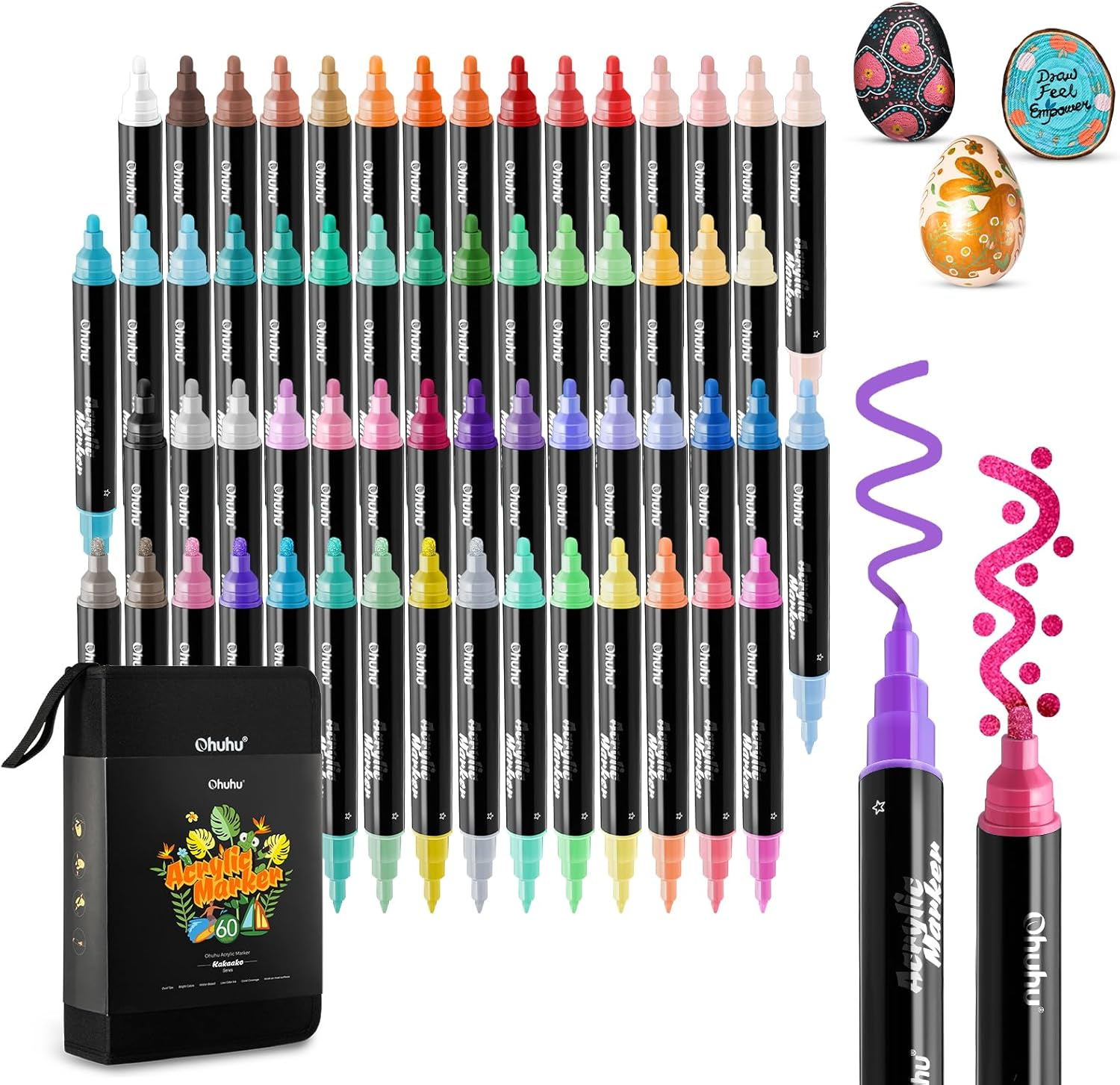 Ohuhu Acrylic Paint Pens 60 Colors: Dual Tips (Round & Fine) Acrylic Markers High Opacity Paint Markers Waterproof Lightfast for Rock Painting Easter Eggs Wood Glass Ceramic Canvas - Kakaako image number 5