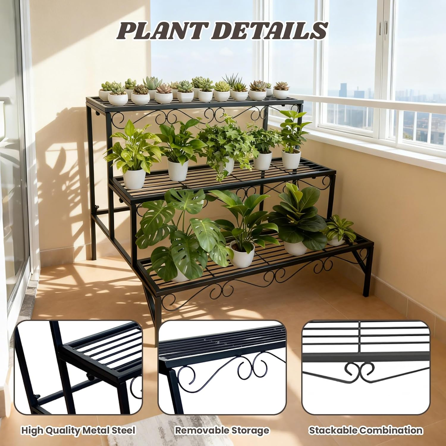 3-Tier Plant Stand, Heavy Duty Plant Stands for Indoor and Outdoor, 27" Flower Pots Plant Storage Shelf Decoration Racks for Living Room, Balcony, Patio