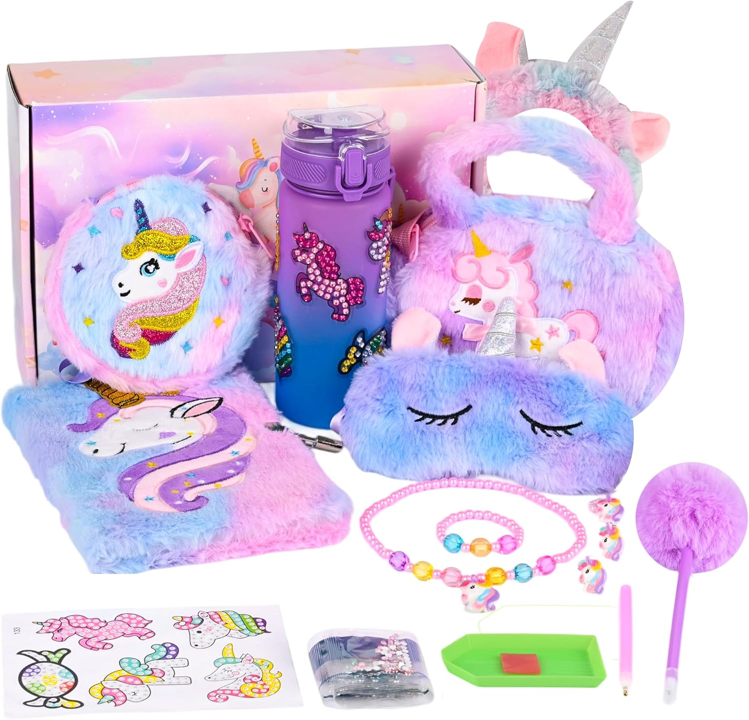 CYZAM Unicorns Gifts for Girls Kids Toys 6 7 8 9 10 Years Old with Water Bottle, Bag, Purse, Plush Diary, Eye Mask, Headband, Pen, Jewelry Set, Teen Girl Birthday Christmas Unicorn Toy image number 4