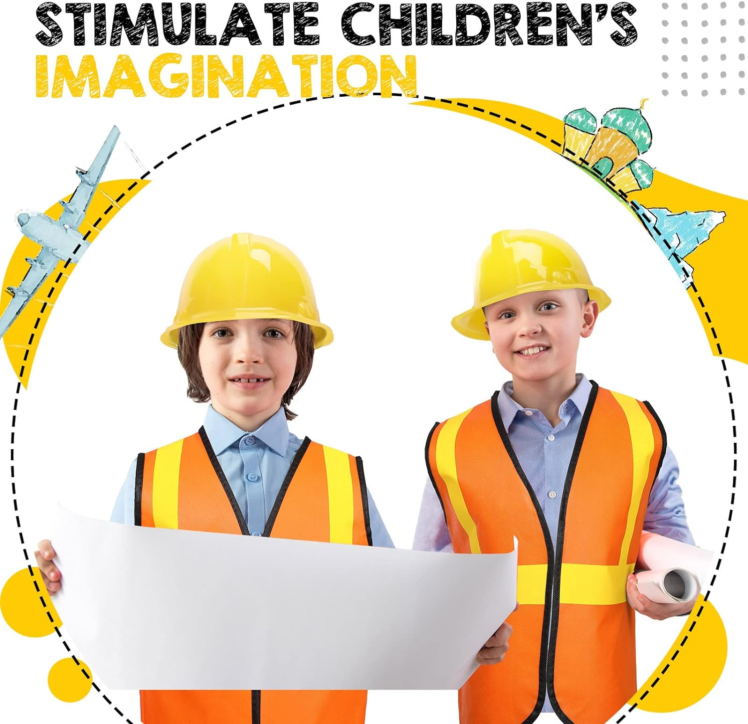 72 Pcs Construction Worker Costume for Kids Including 36 Construction Hat and 36 Construction Vest Construction Theme Birthday Party Supplies for Dressing up Supplies Birthday Role Play Accessories image number 6