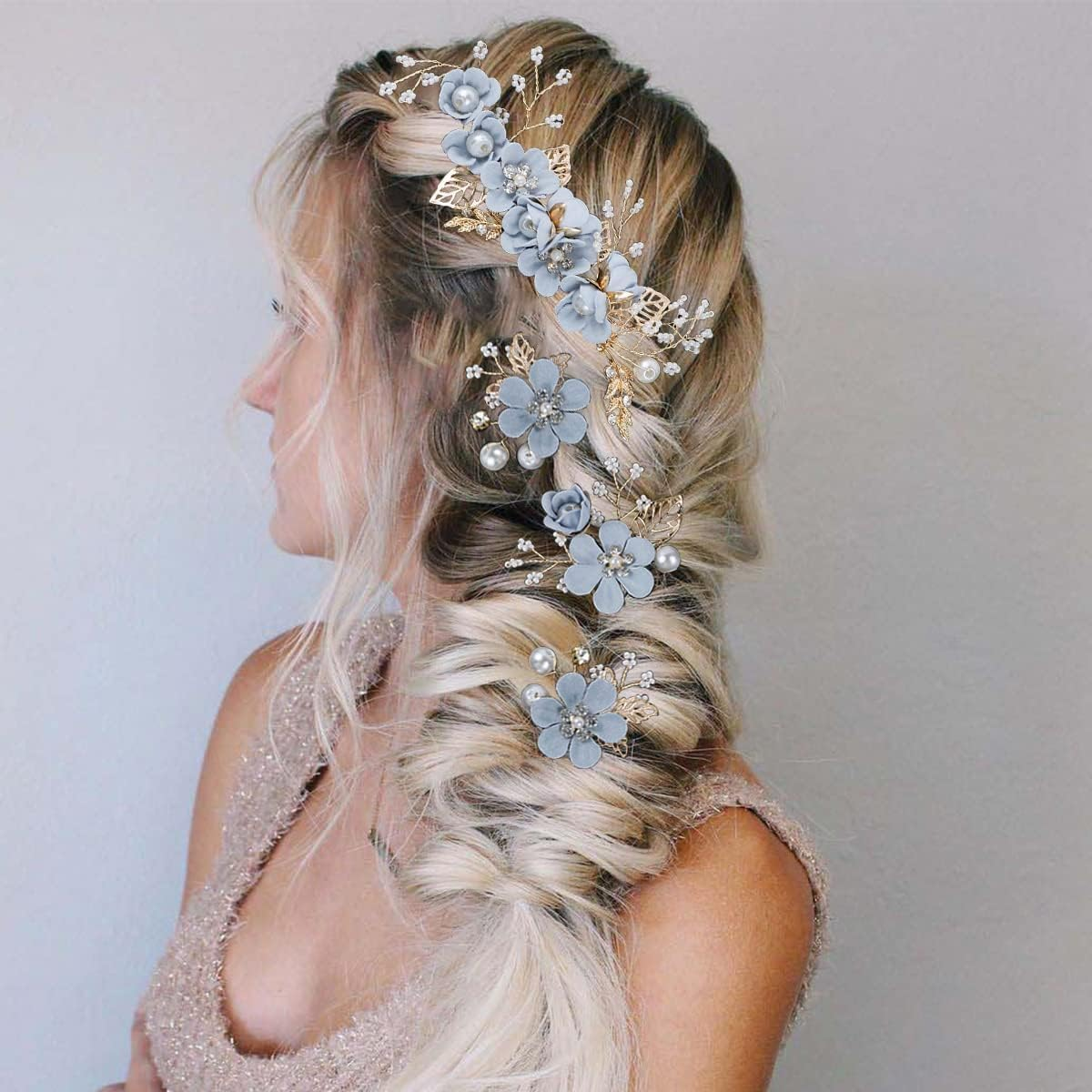 4 Pieces Bridal Flower Wedding Hair Comb Rhinestones Crystal Floral Hair Pins Hair Clips Wedding Hair Accessories Hair Jewelry for Brides Bridesmaids Women Girls(Blue) image number 6