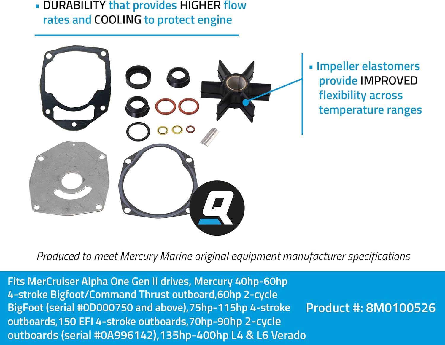 Quicksilver by Mercury Marine 8M0100526 Water Pump Repair Kit for Mercury or Mariner Outboards and Mercruiser Sterndrives
