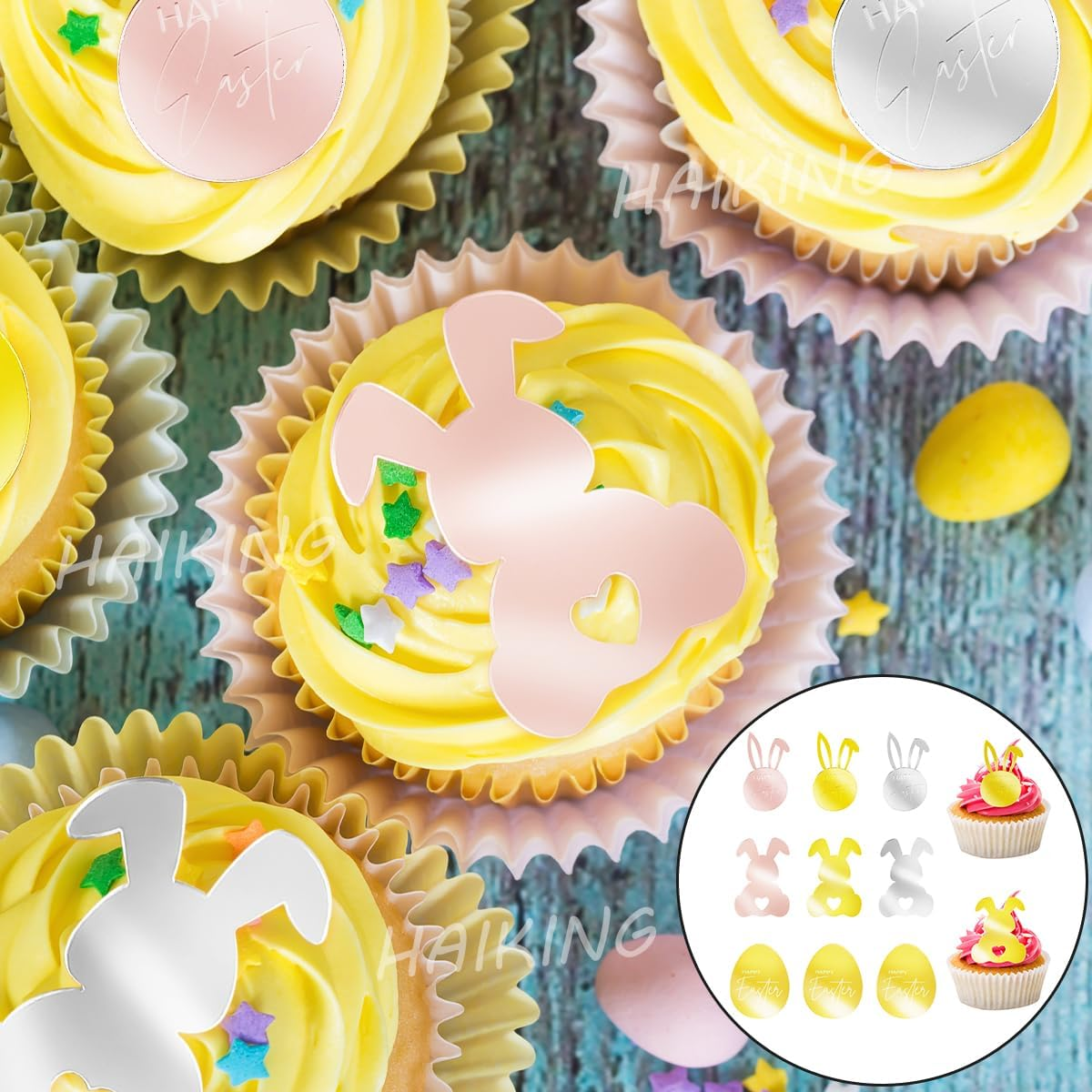 HAIKING Easter Cupcake Toppers, 9 PCS Plastic Mirror Engraved Cupcake Decorations for Easter Day, Party Supplies, DIY Craft (3 Styles) image number 6