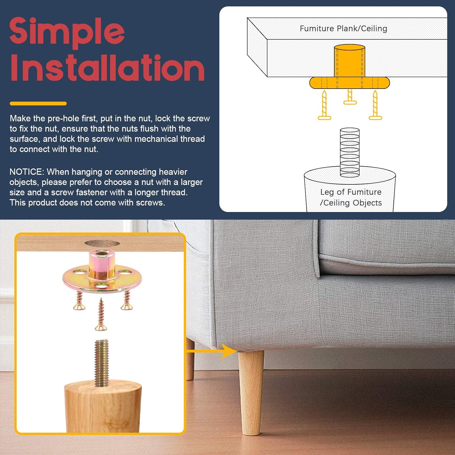 Hilitchi 64Pcs M10 Brad Hole Tee Nut Carbon Steel Screw in T Nuts round Base Mounting Hardware Fitting Fastener Flange Insert Female Thread with Screws (M10-64PCS) image number 4