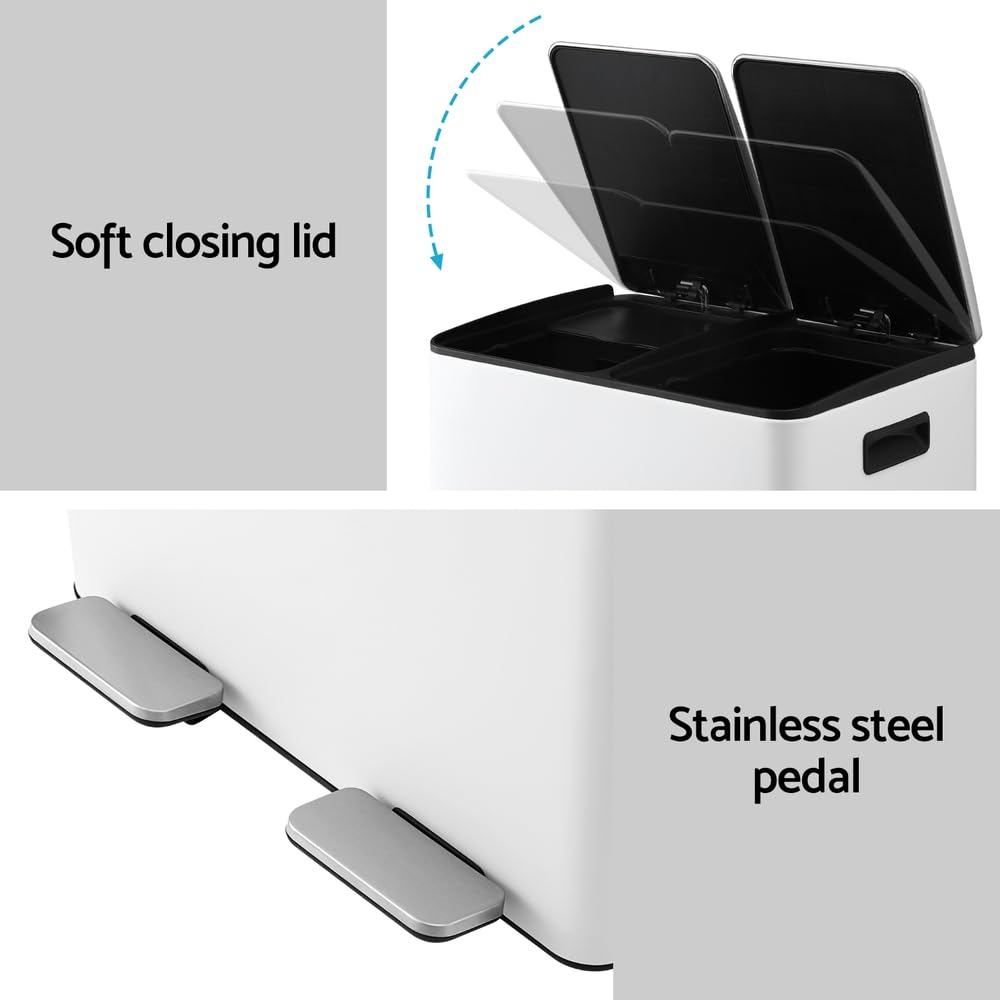 Cefito Pedal Bins Rubbish Bin Dual Compartment Waste Recycle Dustbins 60L White image number 6