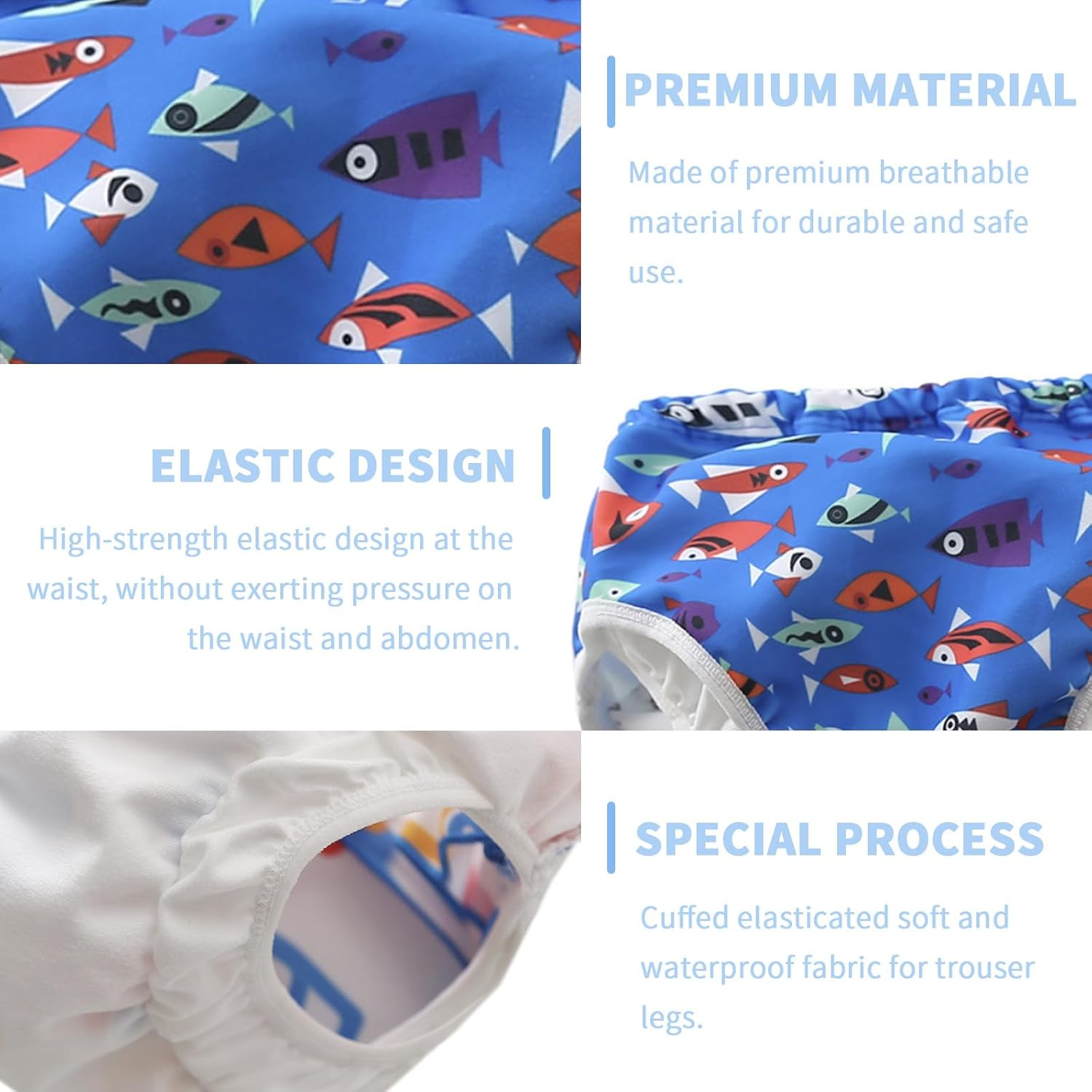 Baby Swimming Diapers,Reusable Swim Nappy, Blue Fish without Lace Newborn Nappies,Breathable and Comfortable, Washable Training Pants with Elastic Waist, Suitable for Swimming Activities(Xl)