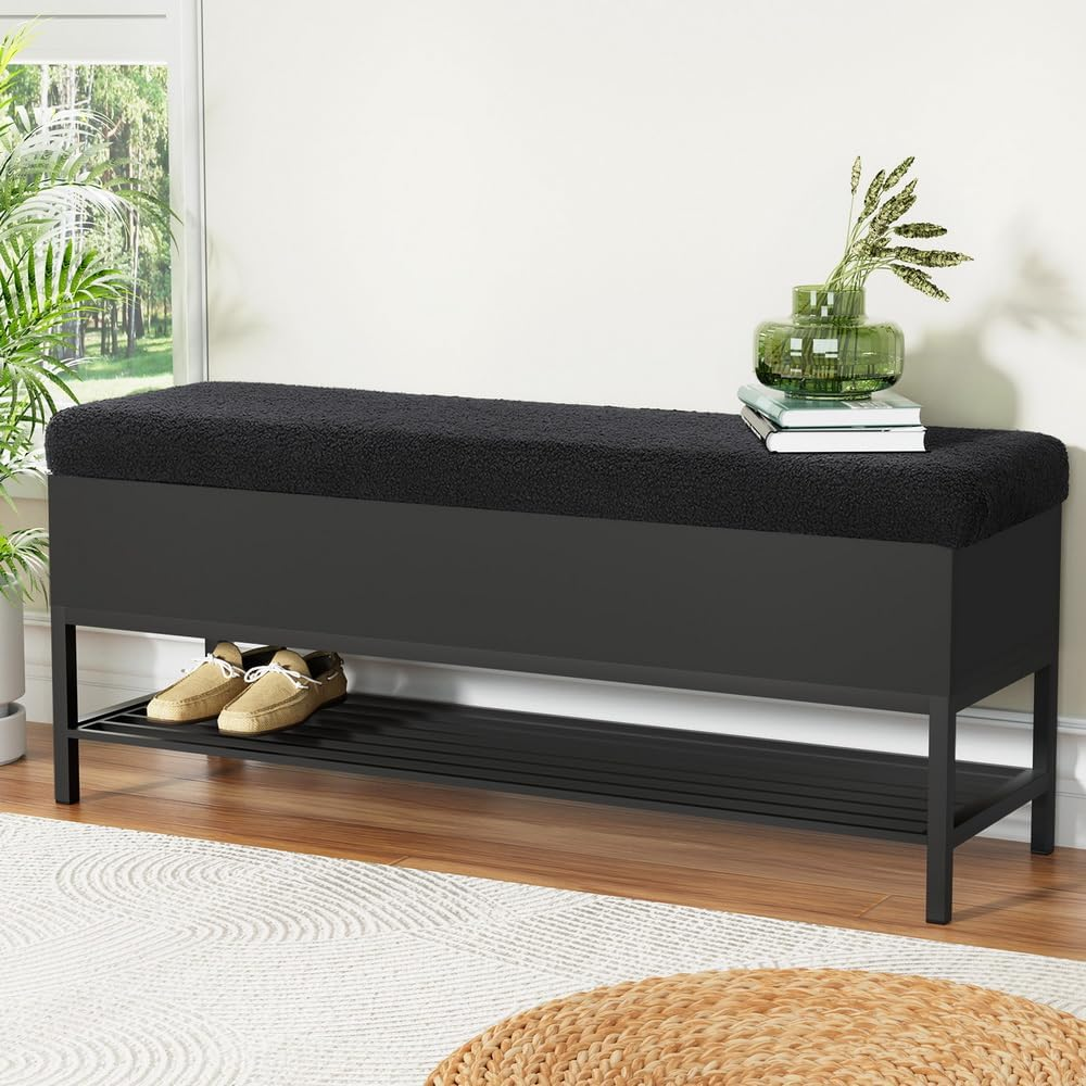 Artiss Upholstered Storage Ottoman, Ottoman Bench Foot Rest Stool Blanket Box Chest Footstool with Open Shelf Bedroom Living Room Indoor, 110Cm Length Boucle Seat Black image number 1