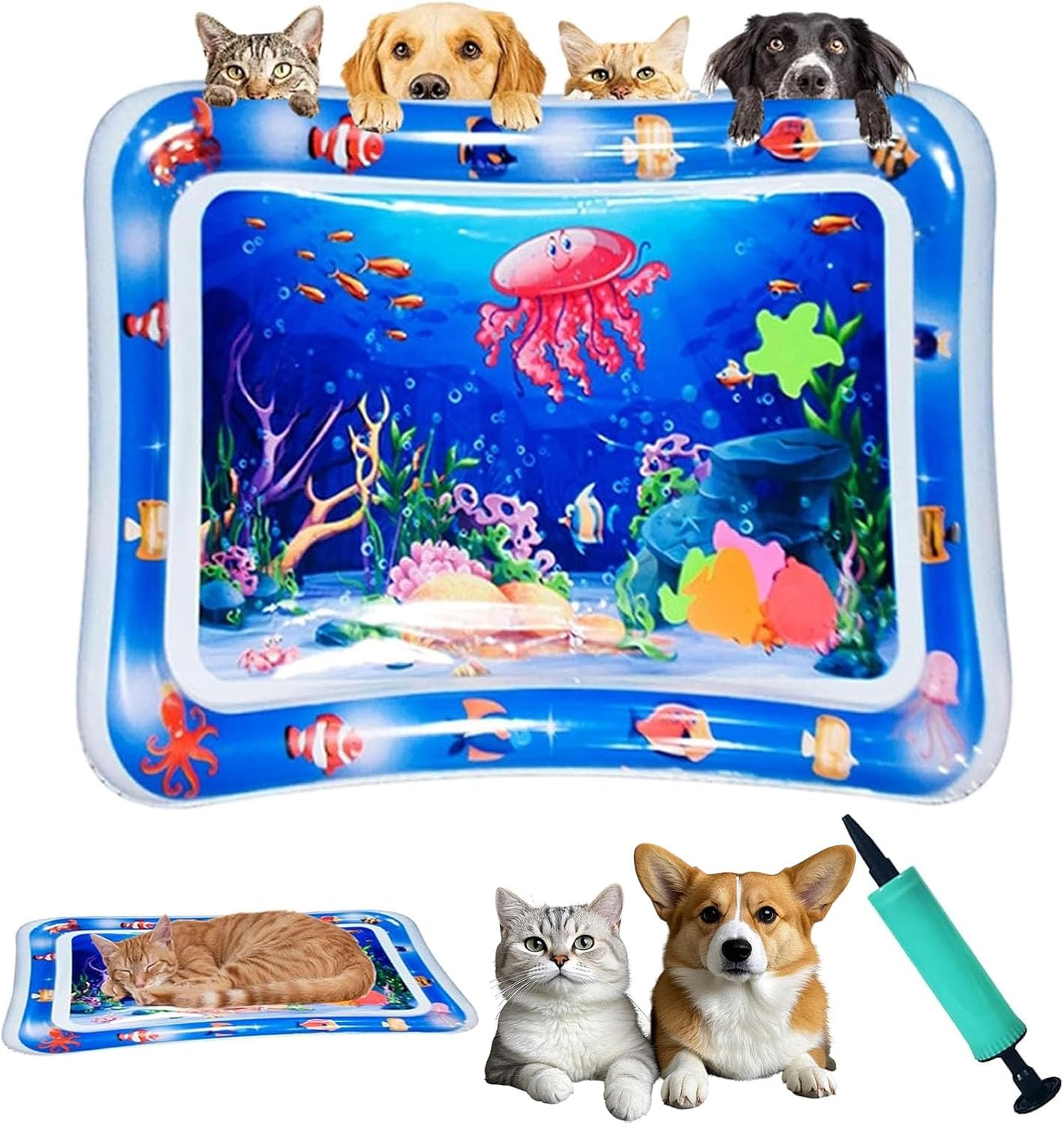 Libiyi Glowpad, Cat Water Sensory Play Mat, 24In Thickened Leakproof Anti-Scratch Pet Mat with Floating Fish, Manual Air Pump,Interactive Toy for Indoor & Outdoor Summer Fun (C)