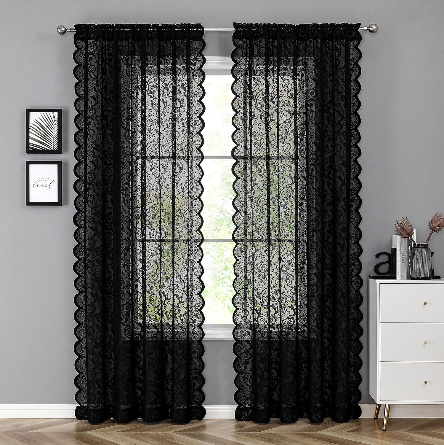 Bujasso Black Sheer Lace Curtains 84 Inch Vintage Floral Sheer Gothic Curtain Panels for Living Room Bedroom Luxury Light Filtering Drapes Black Window Treatment Sets Rod Pocket 2 Panels 54" Wx84 L image number 3