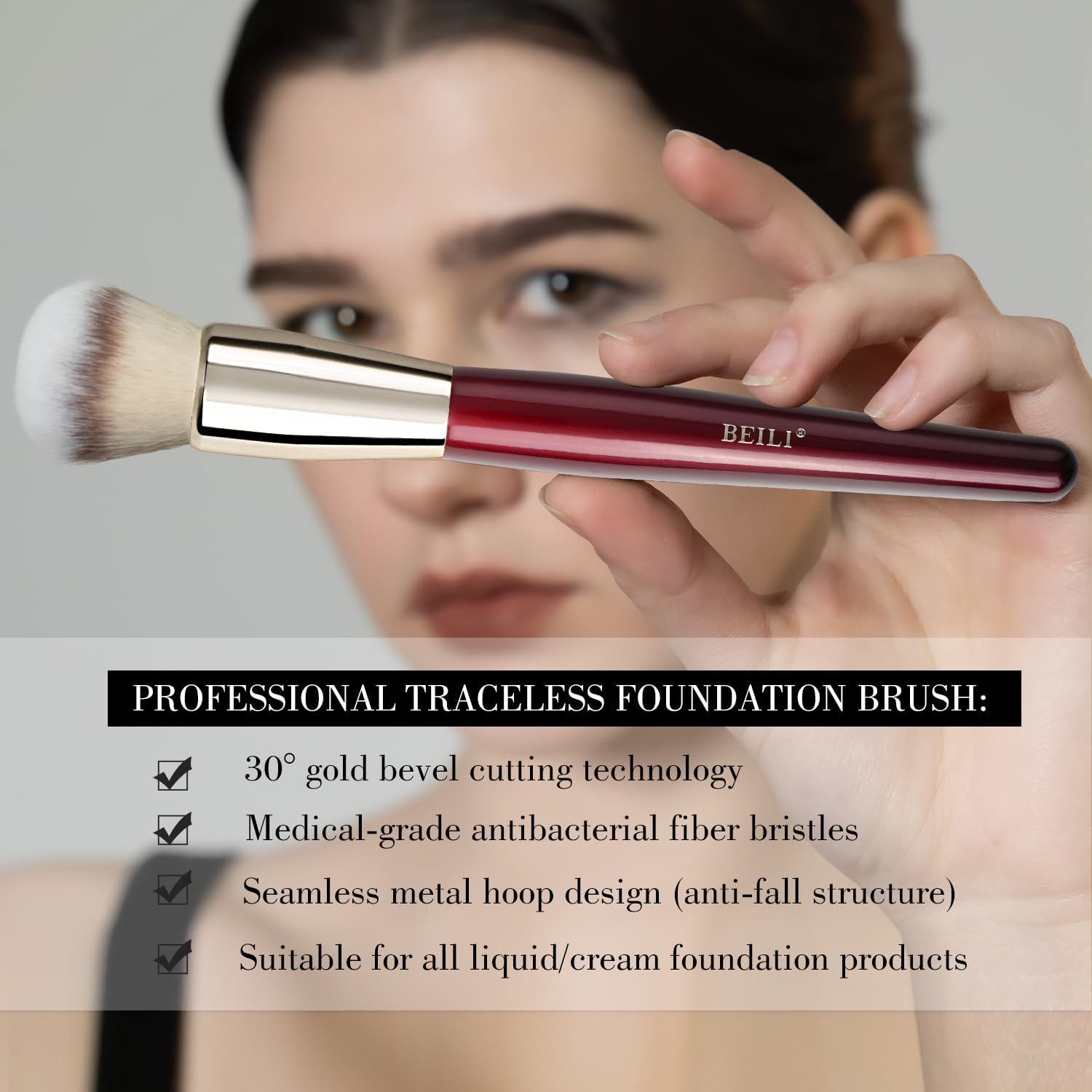 BEILI Makeup Brush Set 15Pcs Professional Contoured Foundation Brush Premium Synthetic Makeup Brushes for Liquid, Cream & Powder Eyeshadow(Red)