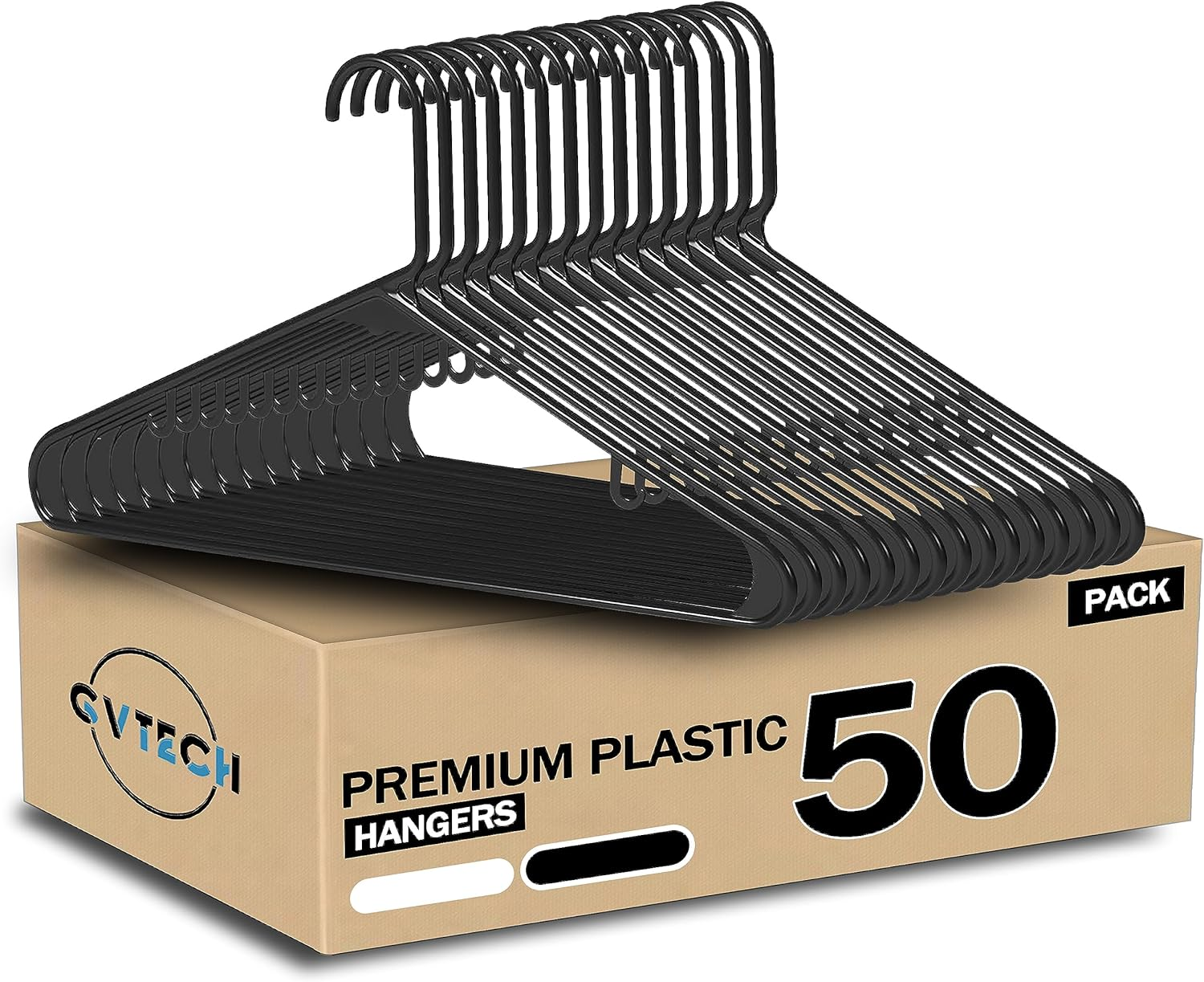 GVTECH Plastic Clothes Hangers - [50 Pack] Heavy Duty Durable Coat and Clothes Hangers with Hooks - Durable Lightweight Space Saving Laundry Hangers for Coats, Skirts, Pants, Dress (50 Pack, White)