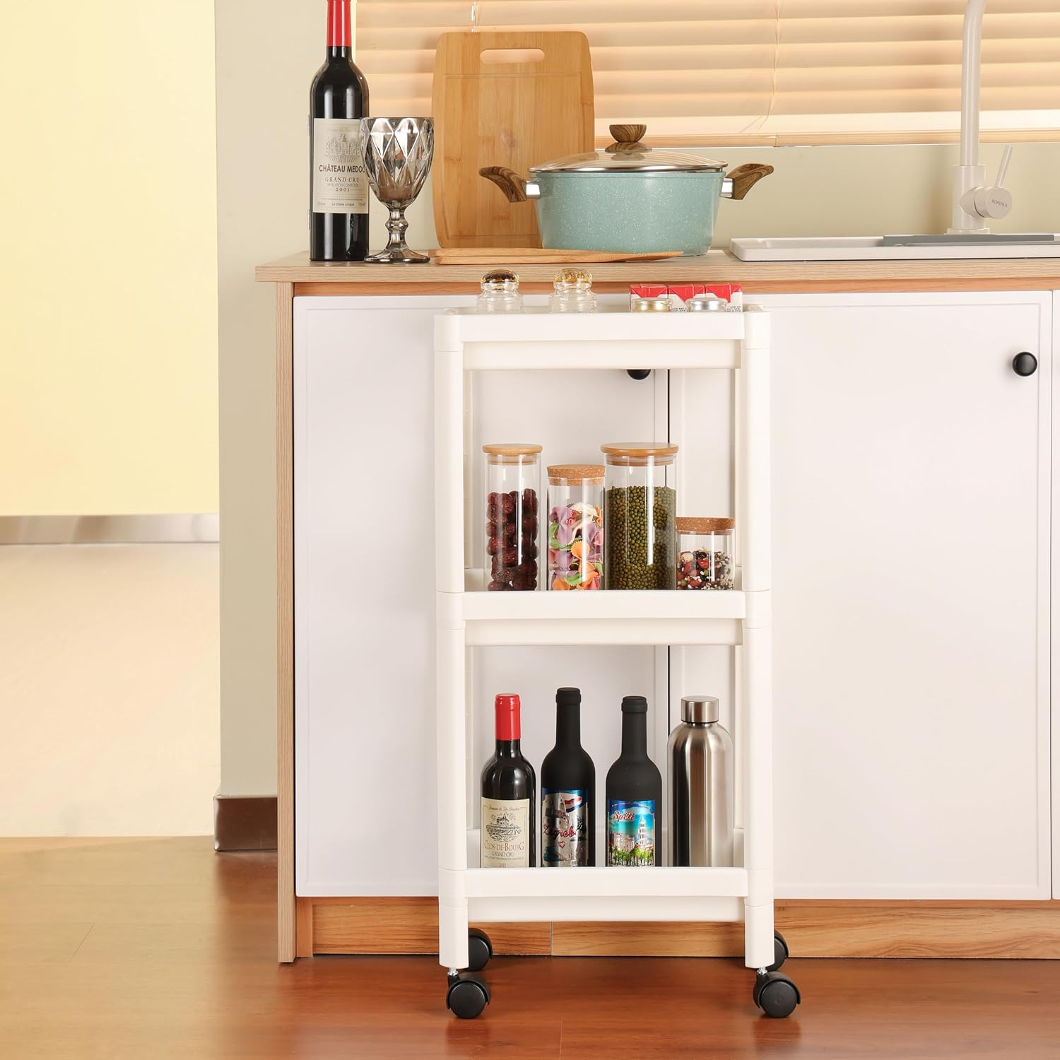 Okam 3-Tier Slim Storage Trolley Cart - Slimline Bathroom and Kitchen Storage Unit with Hooks, Aeration Holes, Smooth Wheels, Perfect for Narrow Gaps, White. Stands 75Cm Tall Narrow Storage Unit image number 3