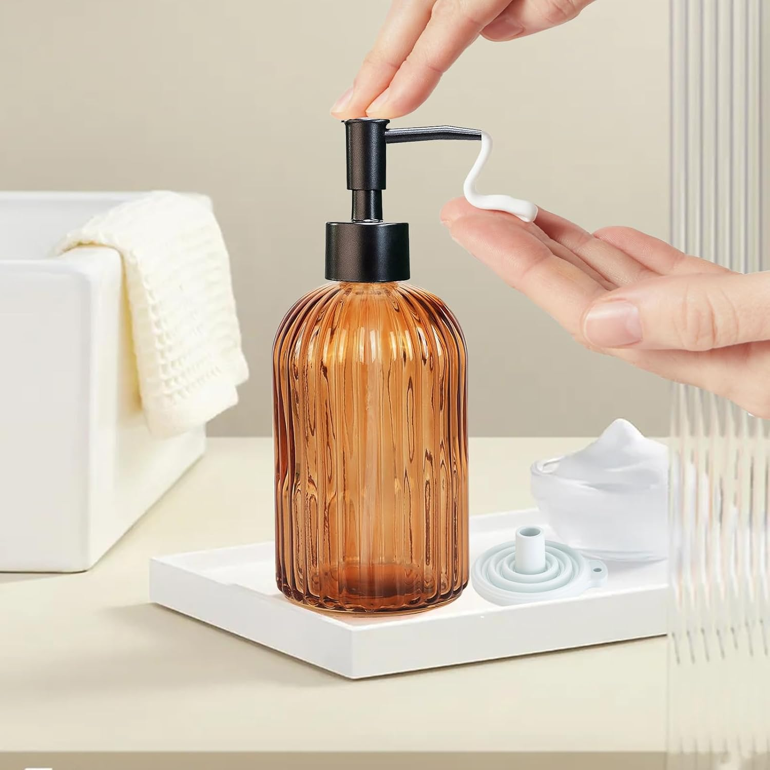 GKSCXEXE 400Ml Amber Glass Soap Dispenser with Plastic Pump & Funnel, Liquid Hand Wash Dispenser for Bathroom Kitchen, Refillable Pump Bottle Bottle for Hand Soap, Dish Soap, Shampoo, Lotions image number 3