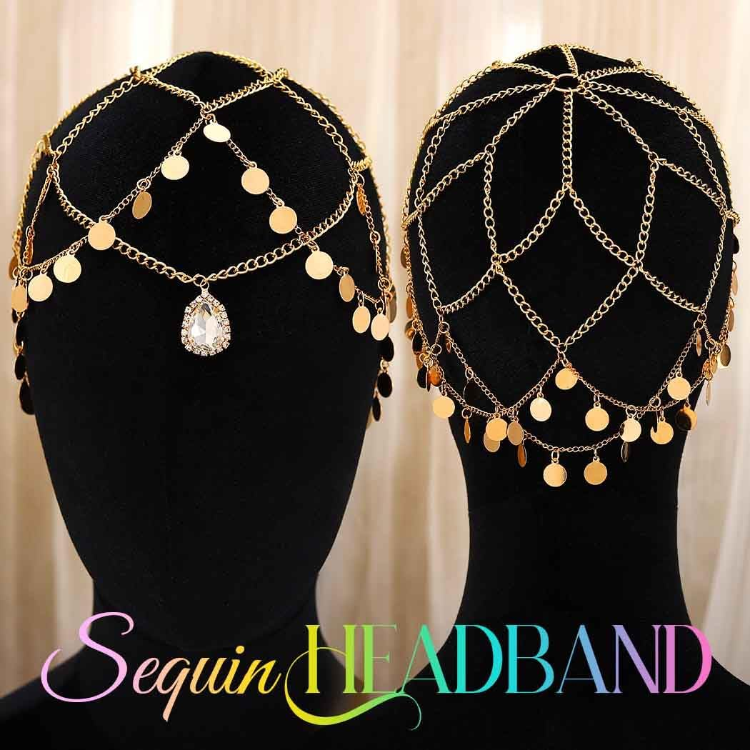 Fashband Sequin Head Chain Gold Tassel Hair Chain Bridal Headpiece Party Festival Hair Accessories for Women image number 6