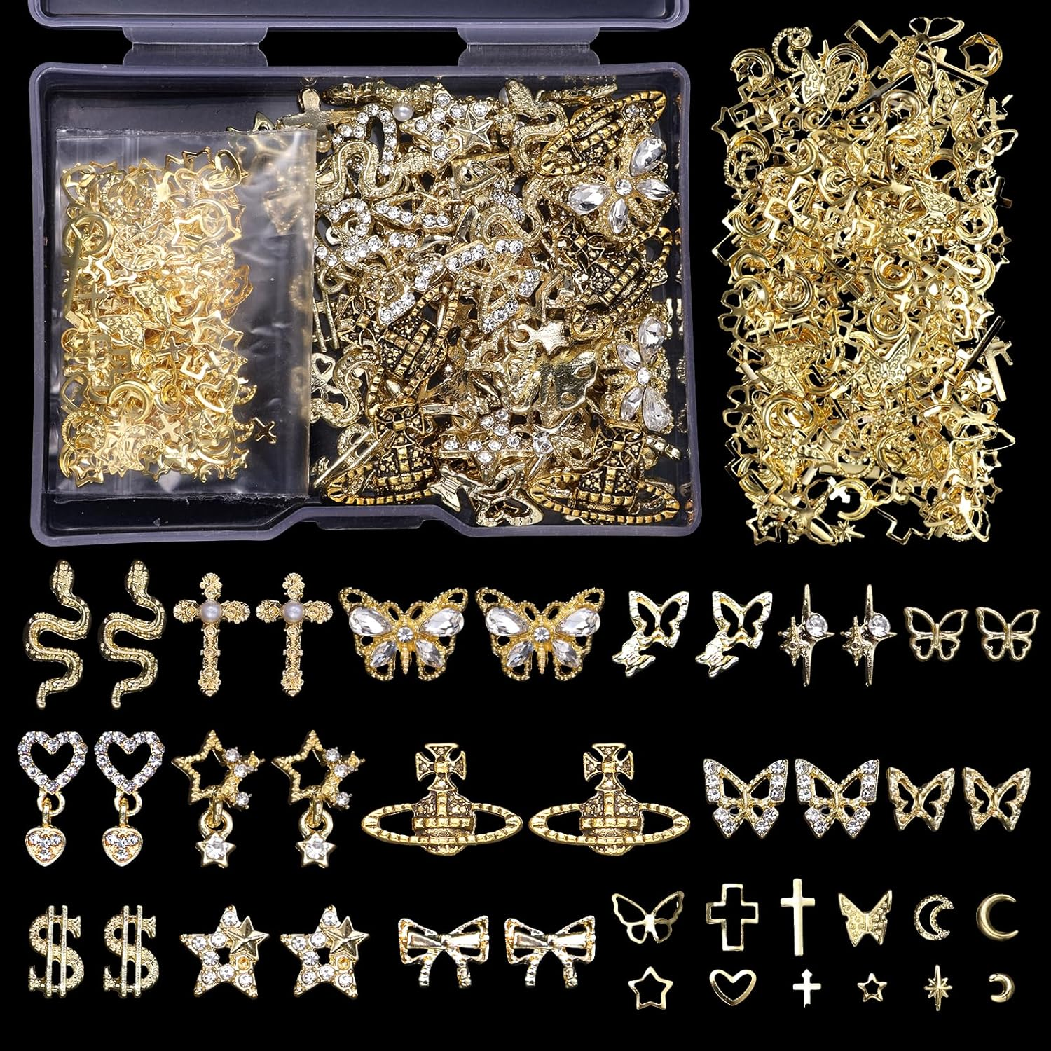 170 Pcs 3D Gold Nail Charms, Cross Snake Star Heart Dangle Nail Gems Charms, Bow Planet Dollar Butterfy Nail Gems for Alloy Nails, Rivet Nail Rhinestones for Nails Art DIY Design image number 4