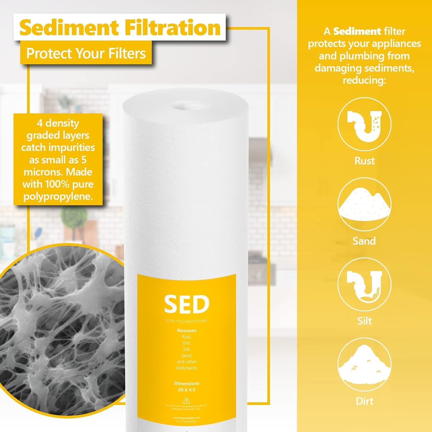 Express Water &ndash; Whole House Water Filter Set &ndash; 3 Stage Water Filtration Replacement Kit &ndash; Sediment, Charcoal, Carbon High Capacity Cartridge Filters &ndash; 5 Micron Water Filter &ndash; 4.5&rdquo; X 20&rdquo; Inch image number 6