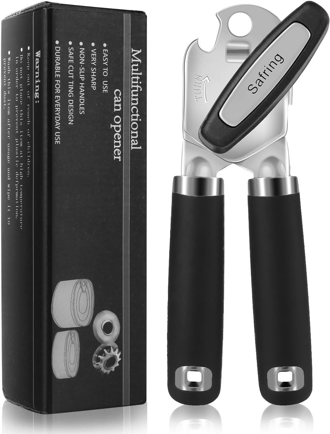 Safring Can Opener Manual, Heavy Duty Handheld Strong Can Opener with Soft Touch Handle, Sharp Blade Smooth Edge, Can Openers with Multifunctional Bottle Opener, Beige