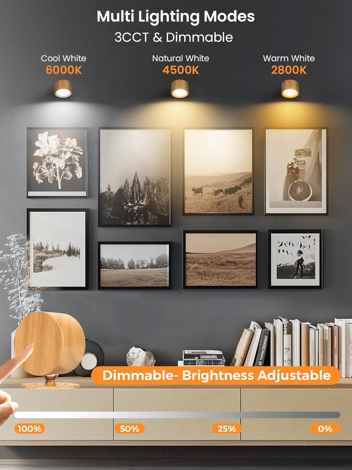 LED Wall Lights Battery Powered Wall Light Rechargeable Lamp, Picture Lights 3 Color Temperatures and Dimmable, 360&deg; Rotation Magnetic Cordless for Bedroom - 2 Pack