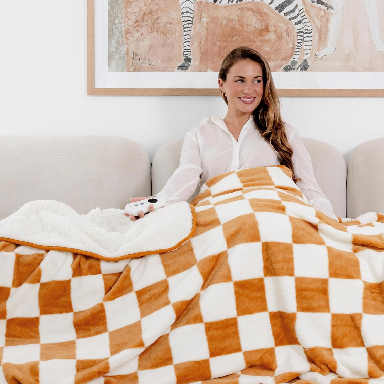 Dreamaker Checkered Plush Fleece Electric Heated Throw Blanket 200X180Cm Warm Sherpa Fleece Reversible Rug Energy Efficient Overheat Protection 9 Heat Setting Extra Long Cord Controller- Olive & Cream