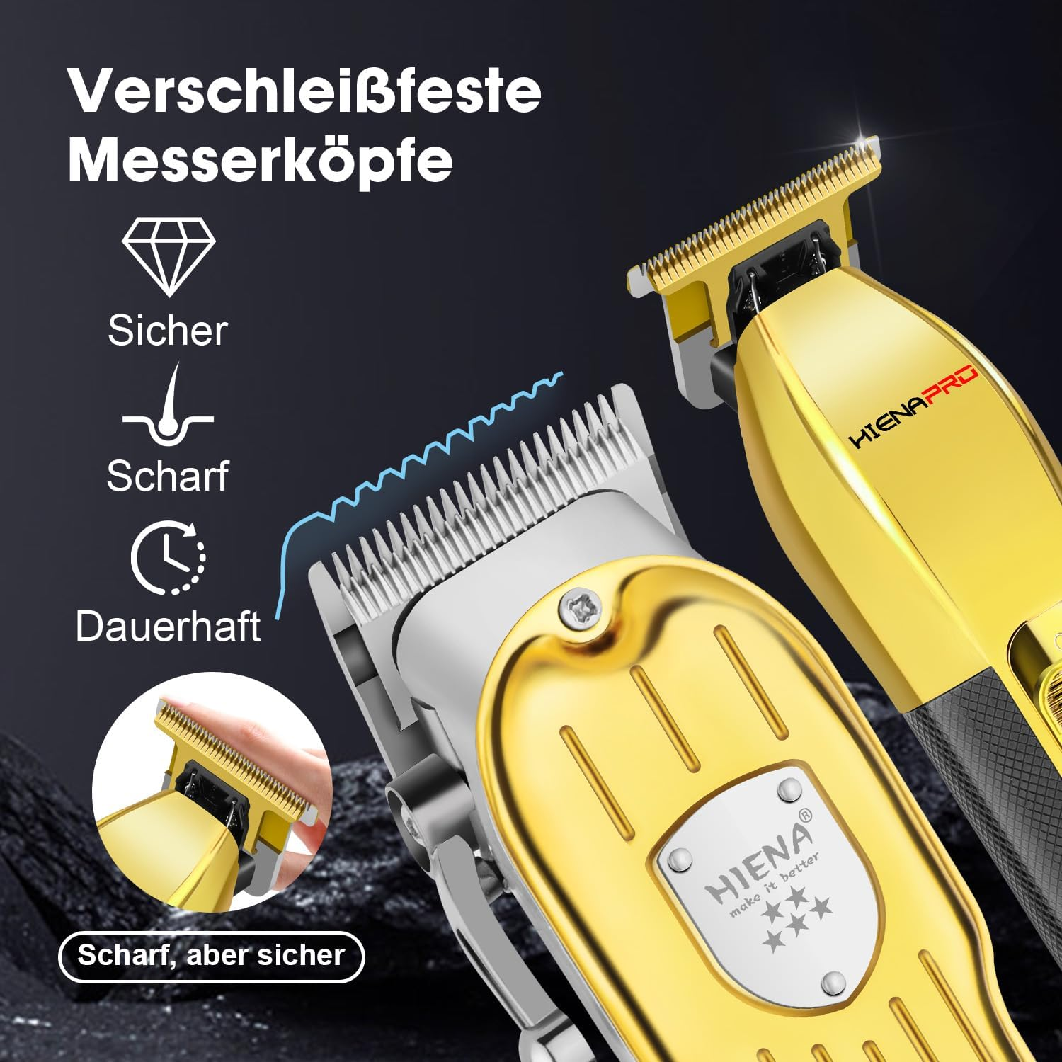 HIENA PRO Hair Trimmer Kit for Men, Hair Trimmer Kit, Beard Trimmer, Battery Hairdresser, Professional Hair Cutting Set, Beard Trimmer (Gold Black) image number 3