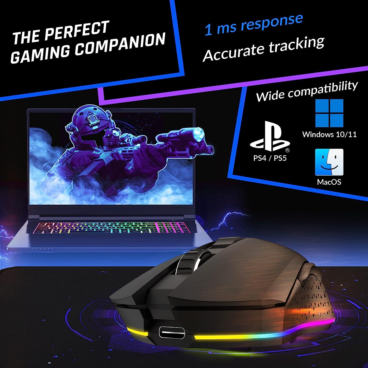 KLIM Blaze Rechargeable Wireless Gaming Mouse RGB New - High-Precision Sensor and Long-Lasting Battery - 7 Customizable Buttons - up to 6000 DPI - Wired & Wireless Mouse for PC Mac & PS4 PS5 image number 4