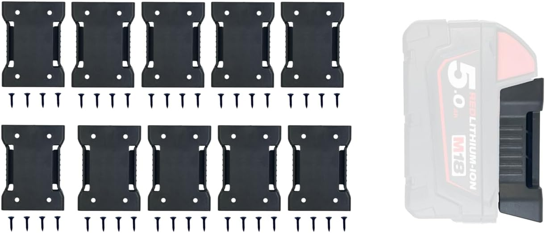 10Pcs Battery Holder Mount for Milwaukee 18V M18 Batteries | Wall Bracket | Milwaukee Battery Organizers | Black