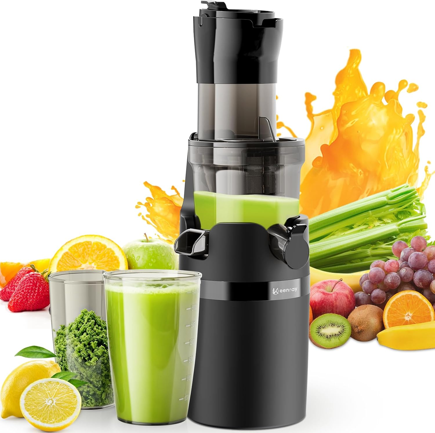 Keenray Cold Press Slow Juicer Extractor Machine for Whole Fruits & Vegetables, 80Mm Wide Chute, Quiet Motor with Reverse Function, Easy to Clean (EL18, Dark)