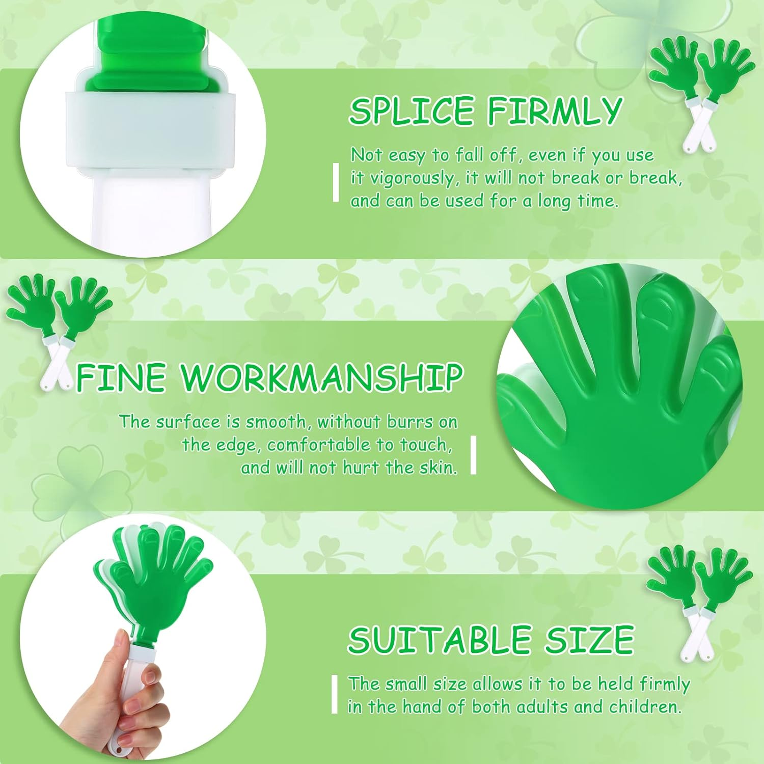 50 Pcs 7.5 Inch Green/White Hand Clapper Plastic Noise Makers for Sporting Events St. Patrick'S Party Hand Clappers Noisemakers for St. Patrick'S Day Party Favors Birthday Sports Game Celebration image number 6
