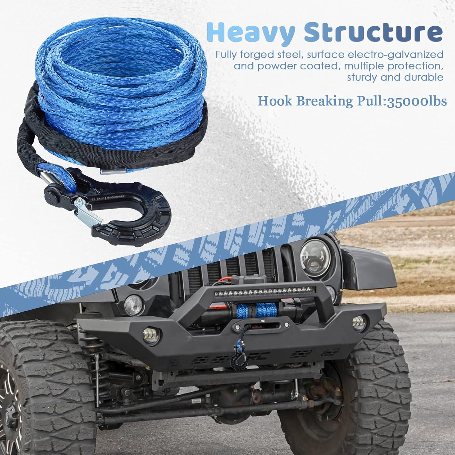 Carforu Synthetic Winch Rope 5/16'' X 50Ft,13000Lbs Synthetic Winch Line Cable Rope with Protective Sleeve + Forged Winch Hook for off Road Vehicle ATV UTV SUV Truck Boat Winch Accessory image number 1