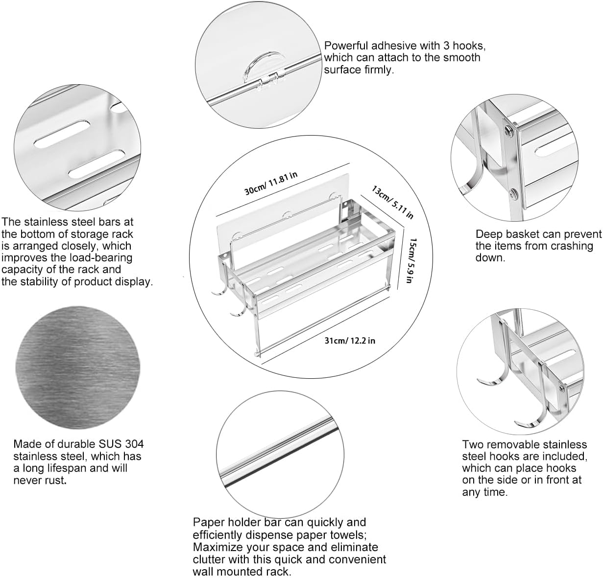 ESOW Paper Towel Holder with Shelf Storage, 2-In-1 Wall Mounted Paper Towel Roll Rack Basket for Kitchen, Balcony & Bathroom, Self-Adhesive or Drilling Installation, SUS304 Brushed Nickel Finish image number 5