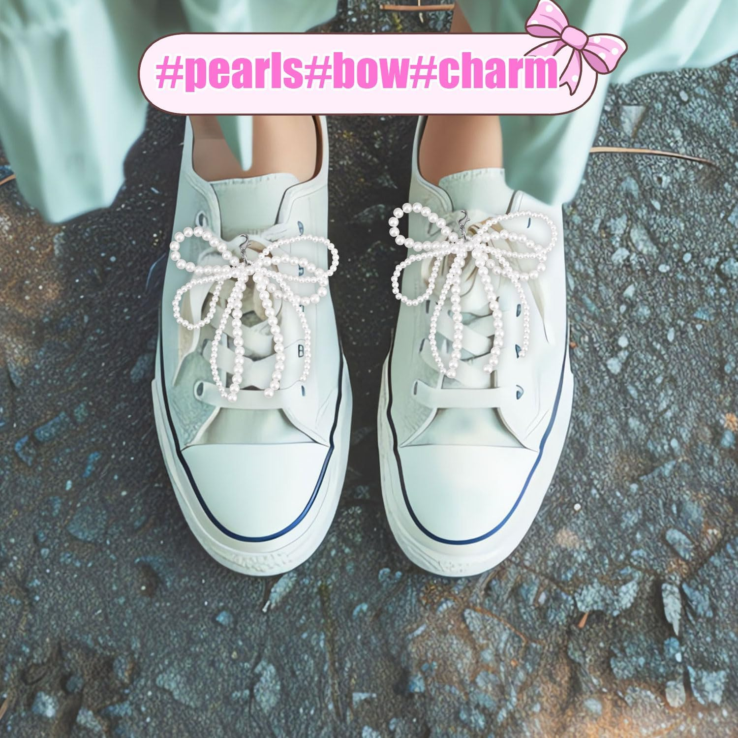 2 Pcs Pearl Bow Shoes Charm, Pearl Bowknot Keychain for Purse Shoe Decoration Cute Keychain for Women Key Ring Accessories for Shoes Clothing Sneakers Bag Shoelace, White image number 2