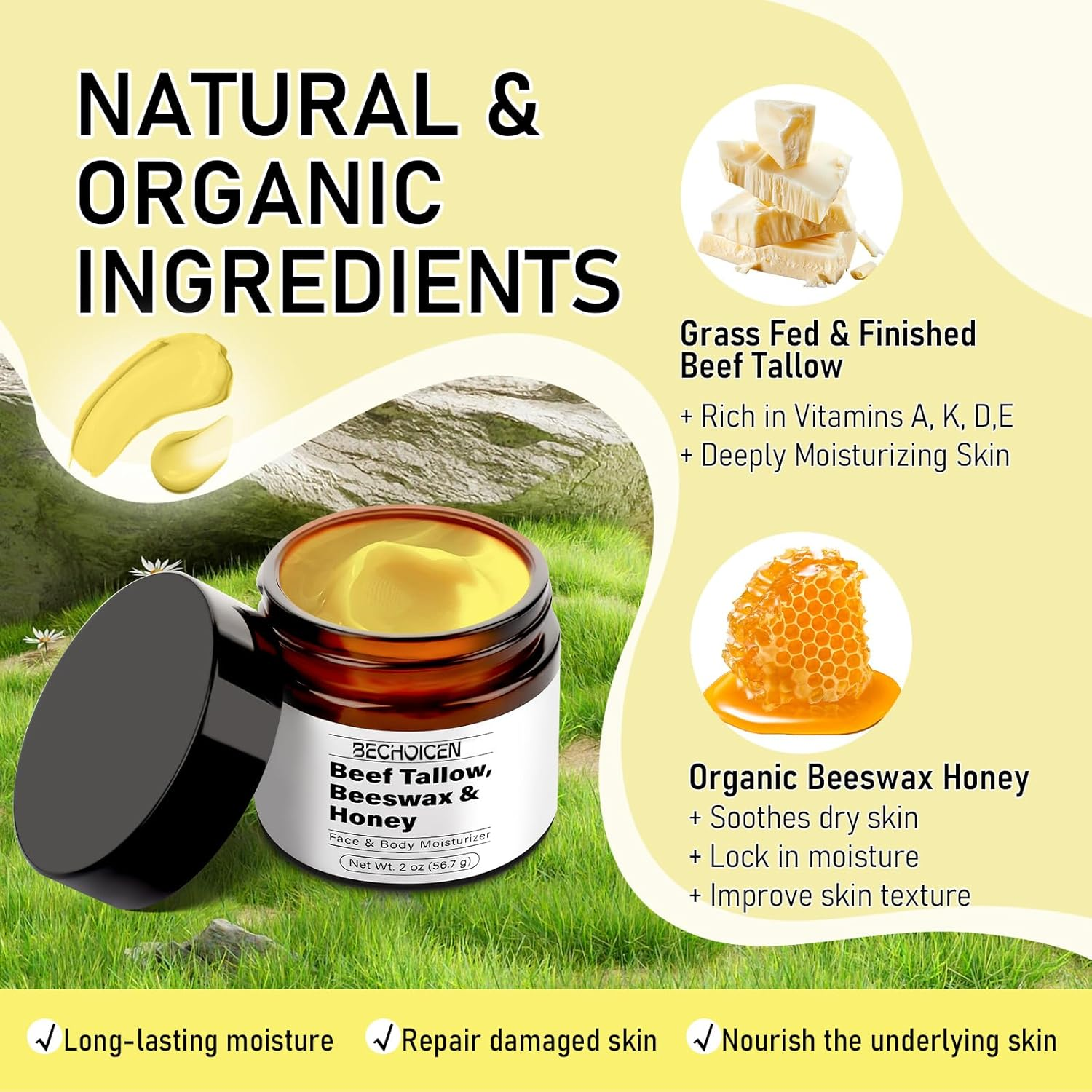 Beef Tallow and Honey Balm,Tallow Balm for Face & Body,Grass Fed Beef Tallow Moisturizer with Tallow,Beeswax & Honey,Moisturizes & Repairs Dry Skin,2 Oz image number 1