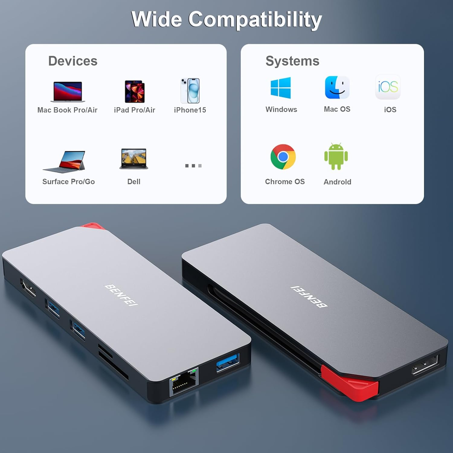 BENFEI 9In1 USB C MST Laptop Docking Station, USB-C Hub with USB-C to HDMI Displayport Dual Monitor/3*Usb Type-A/1*Usb Type-C(10Gbps+100W PD)/SD/TF Card Reader/1*Rj45 image number 6