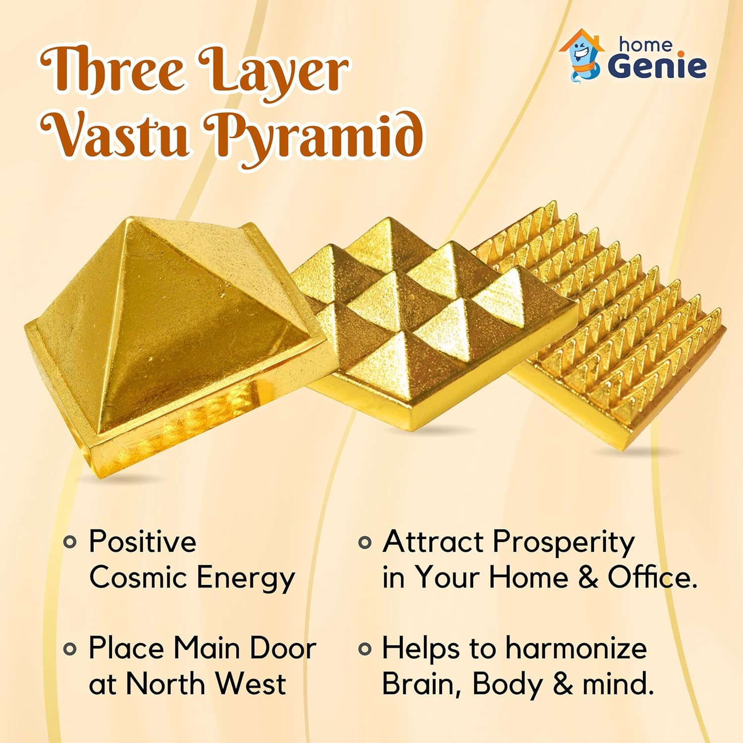 Home Genie 3 Layer Brass Pyramid for Vastu Correction, Positive Energy, and Home D&eacute;cor &ndash; Handmade Spiritual Tool (3X3Cm) image number 1