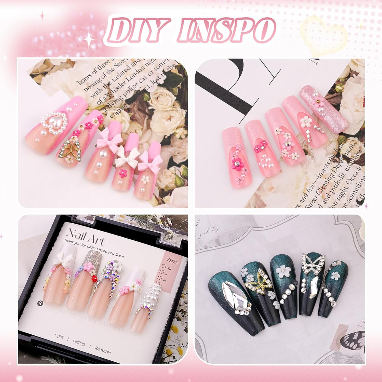 Gaivek 2 Pack 3D Flower Nail Art Charms Set, 12 Grids Spring Blossom Nail Decorations with Gold and Silver Beads, 5-Petal Floral Nails Accessories for DIY Manicure Design image number 6