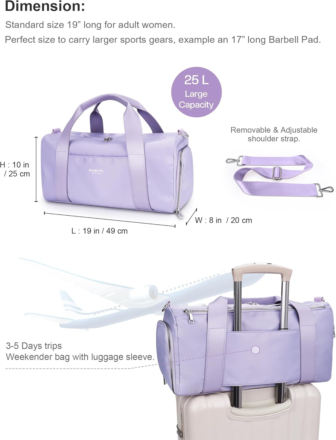 Gym Bag for Women,Pu Leather Handle,Dry Wet Separated with Shoe Compartment & Wet Pocket,Waterproof Duffle Bag for Travel Sports Fitness Workout Athletic (Purple, 19" Medium Size) image number 4