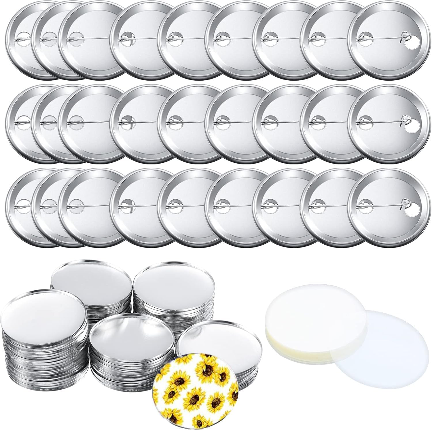 100 Pieces Blank Button Making Supplies round Badge Button Parts Metal Button Pin Badge Kit for Button Maker Machine, Including Metal Shells Back Cover and Clear Film (Tinplate,2.28 Inch)