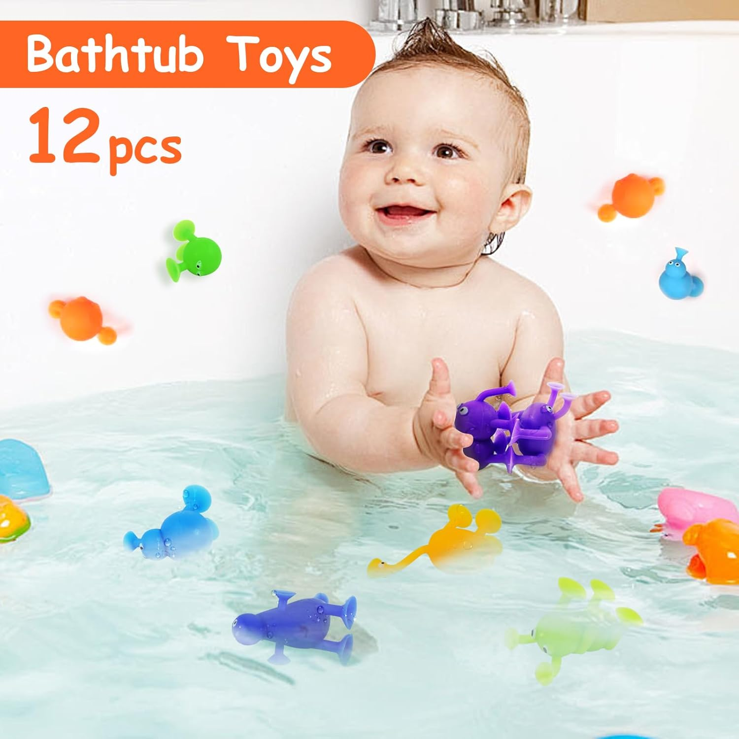 12 Pcs Toddlers Suction Cup Bath Toys, Sensory Suction Bath Toys for Toddler, Kids Suction Fidget Toys, Soft Silicone Stress Release Sensory Suction Cup Toys for Windows Travel Gifts