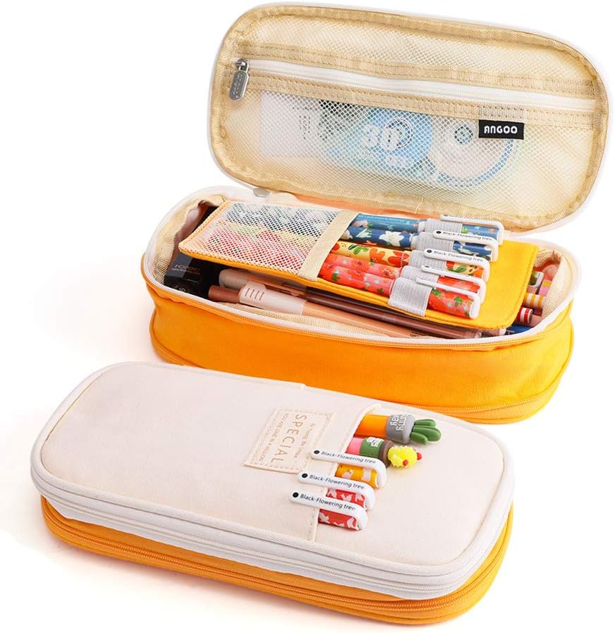 Isuperb Pencil Case Large Capacity Student Pencil Bag Canvas Pencil Pouch Girls Women Stationery Storage Bag Double Zipper Pencil Organizer for High School Office Students Teens Adults, Yellow image number 2