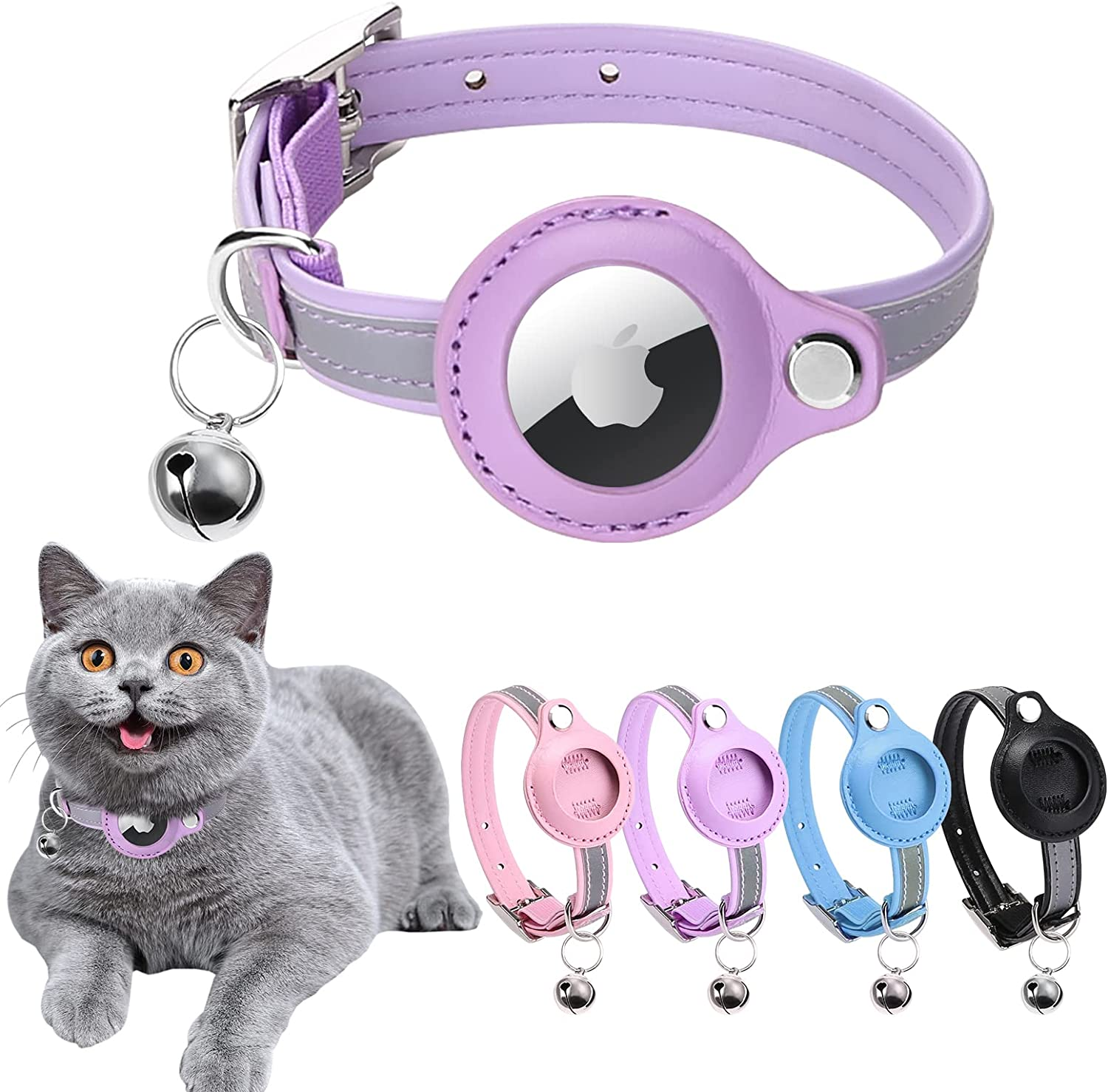 Airtag Cat Collar, Cat Collar with Bells, Reflective GPS Cat Collar, Cat Tracker Collar Leather Cat Collar for Cats (Purple-M(11.2-14.8"))