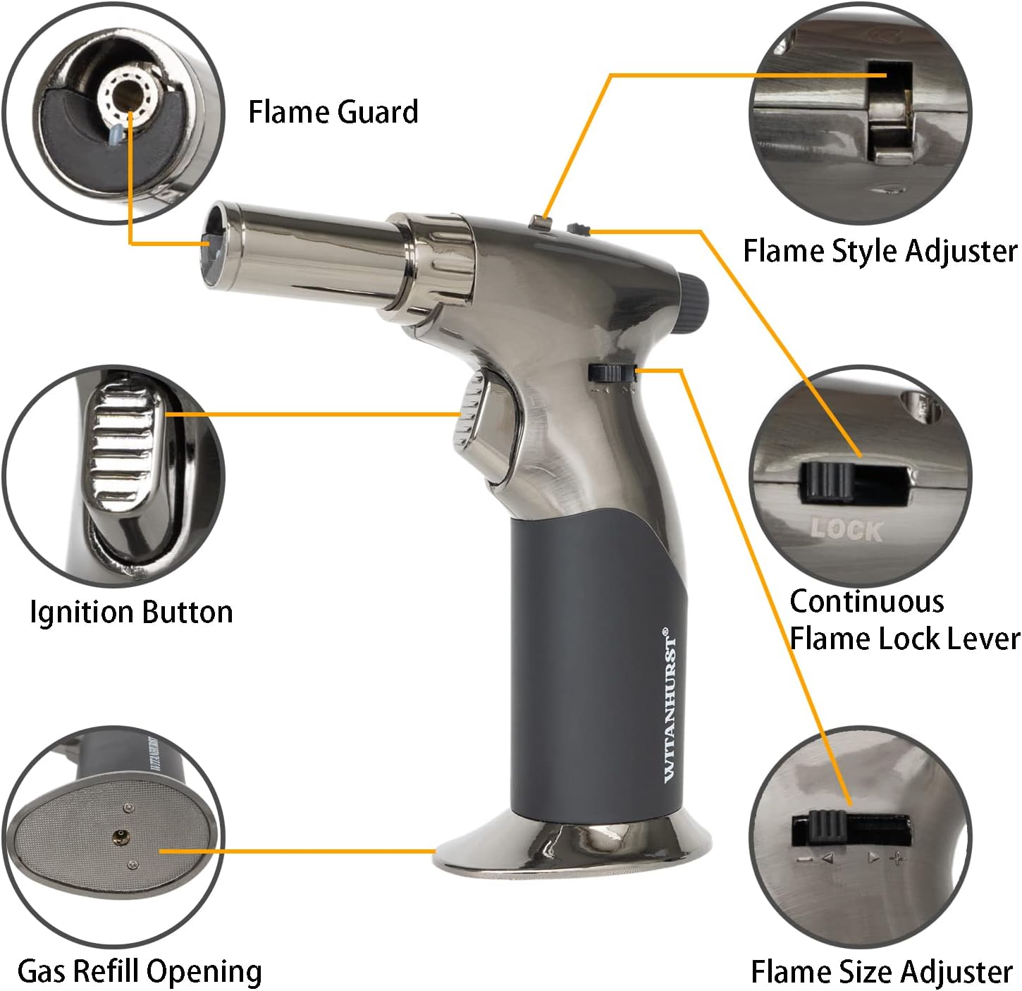 Dual Flame Butane Torch Gun - Refillable Luxury Hand Held Mini Blow Torch for Cooking, Creme Brulee, Soldering, Welding, & Resin Art - Adjustable Flame with Ignition Lock - Steel Black image number 2