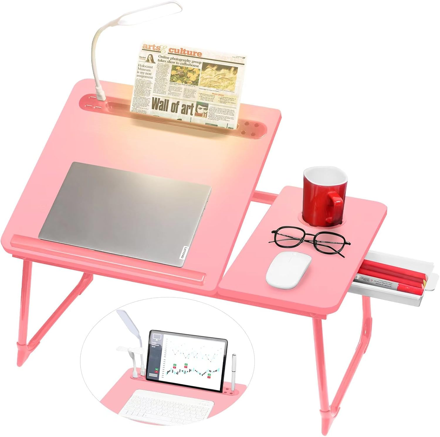 Cloudtrip plus XL Adjustable 17In Laptop Desk with Light, USB Port, Ipad Holder, Drawer Storage - Larger 23.6IN Adjustable Lap Desk for Bed, Home Office, Breakfast Tray, Fordable Legs Desk (Pink)