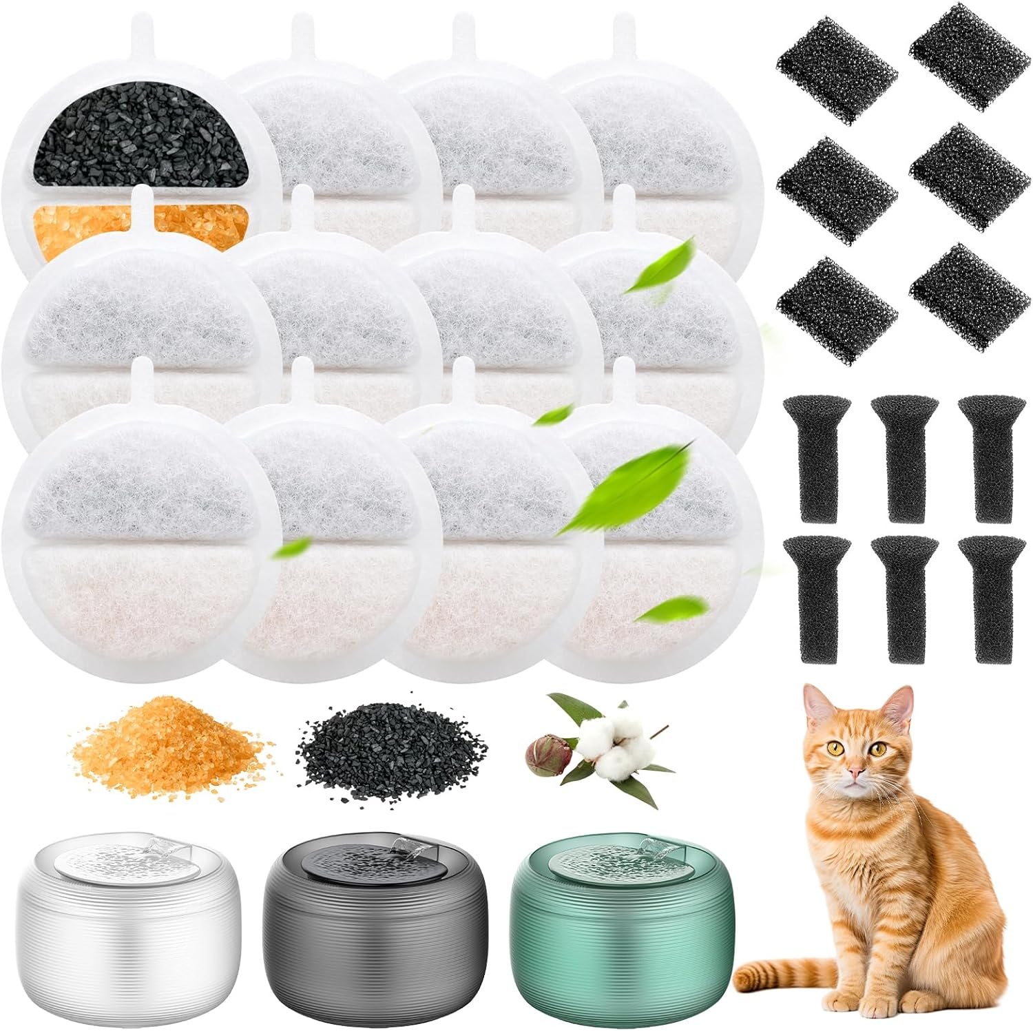 12 Cat Fountain Filters for Feelneedy Cat Fountain F-016B & 6 Pump Filter Sponges Replacement and 6 Centre Sound-Absorbing Sponge, Filter Drinking Fountain Cats for 84 Fl Oz / 2.5 L Water Fountain For image number 3