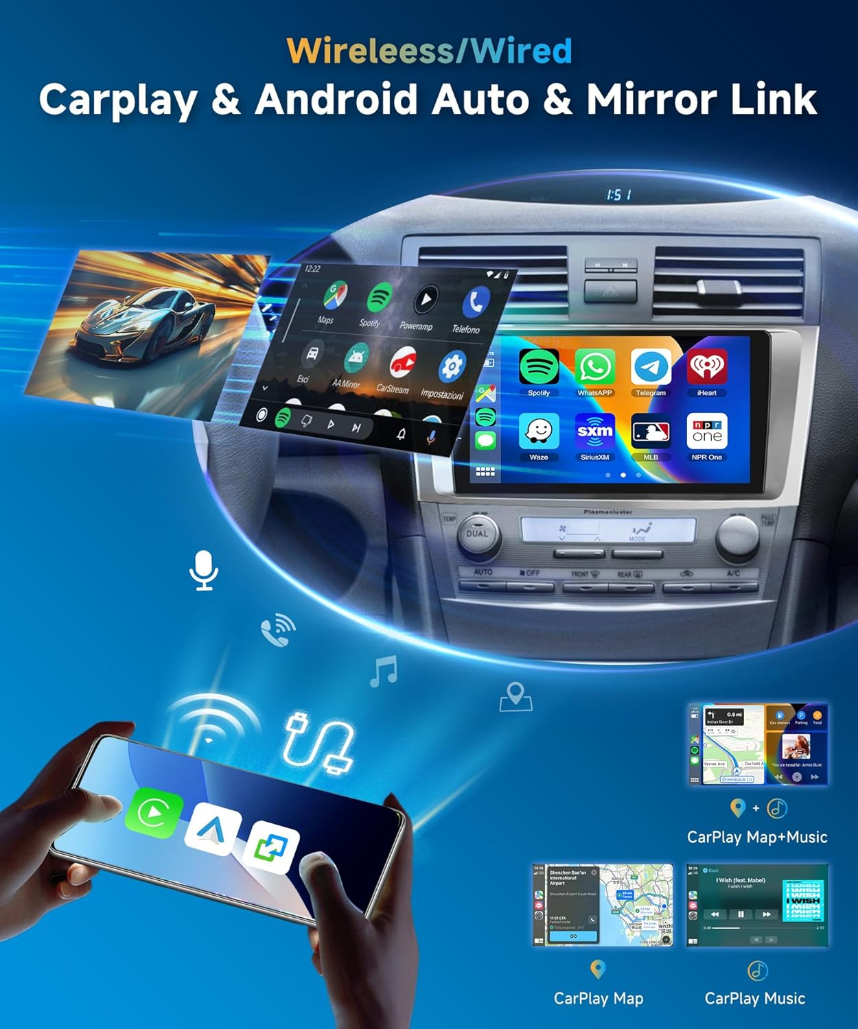 2+64G Car Stereo for Toyota Camry 2006-2011 Wireless Carplay Android Auto,9 Inch Touch Screen, Android/Gps/Wifi/10Band DSP Audio/Bluetooth/Swc/Backup Camera Car Radio for Toyota Camry image number 2