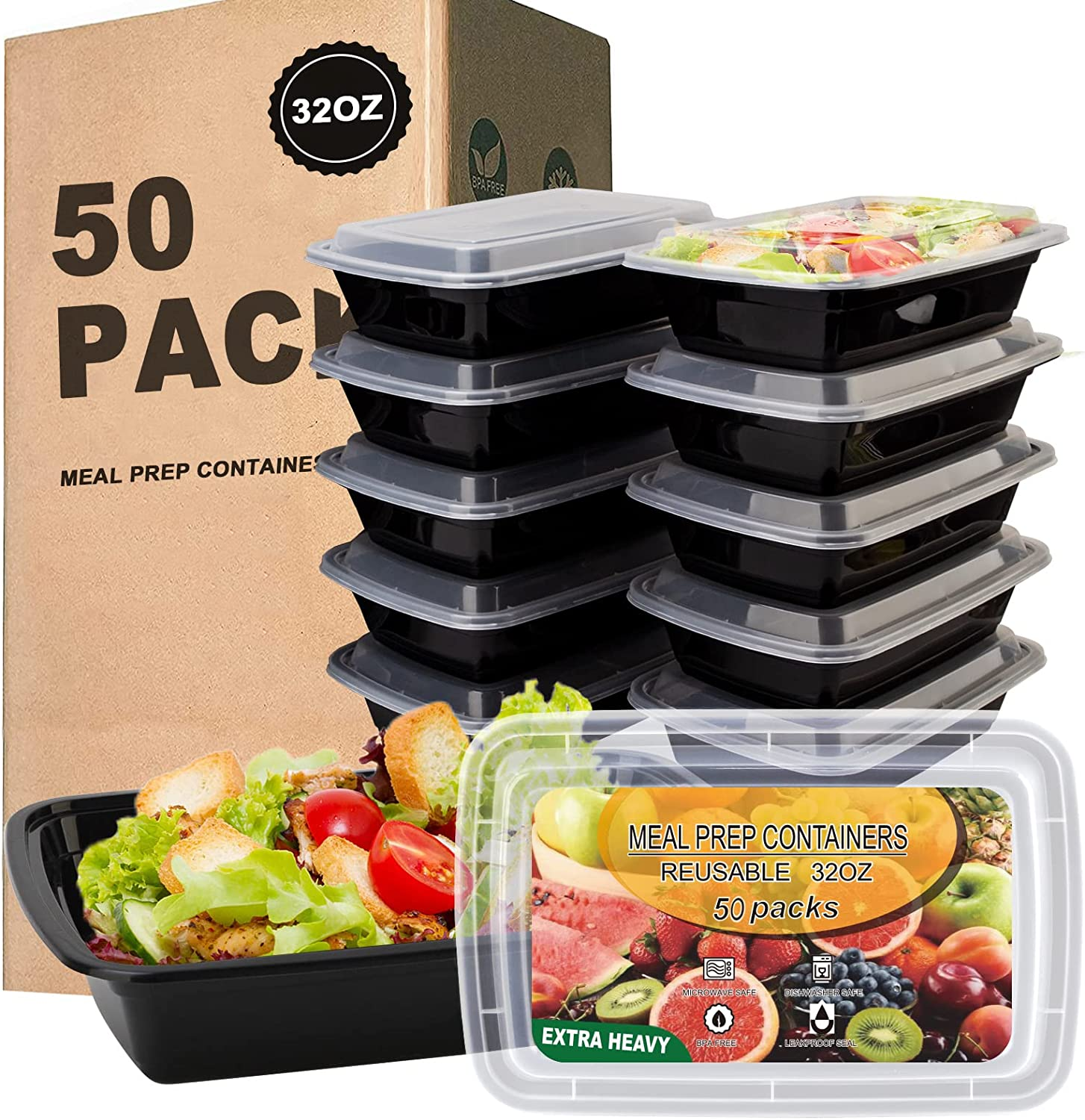 50 Pack- Meal Prep Containers 32Oz, Plastic Food with Lids, Leakproof to Go Lids Reusable Containers, Bpa-Free, Microwave/Dishwasher/Freezer Safe Black-50Pack