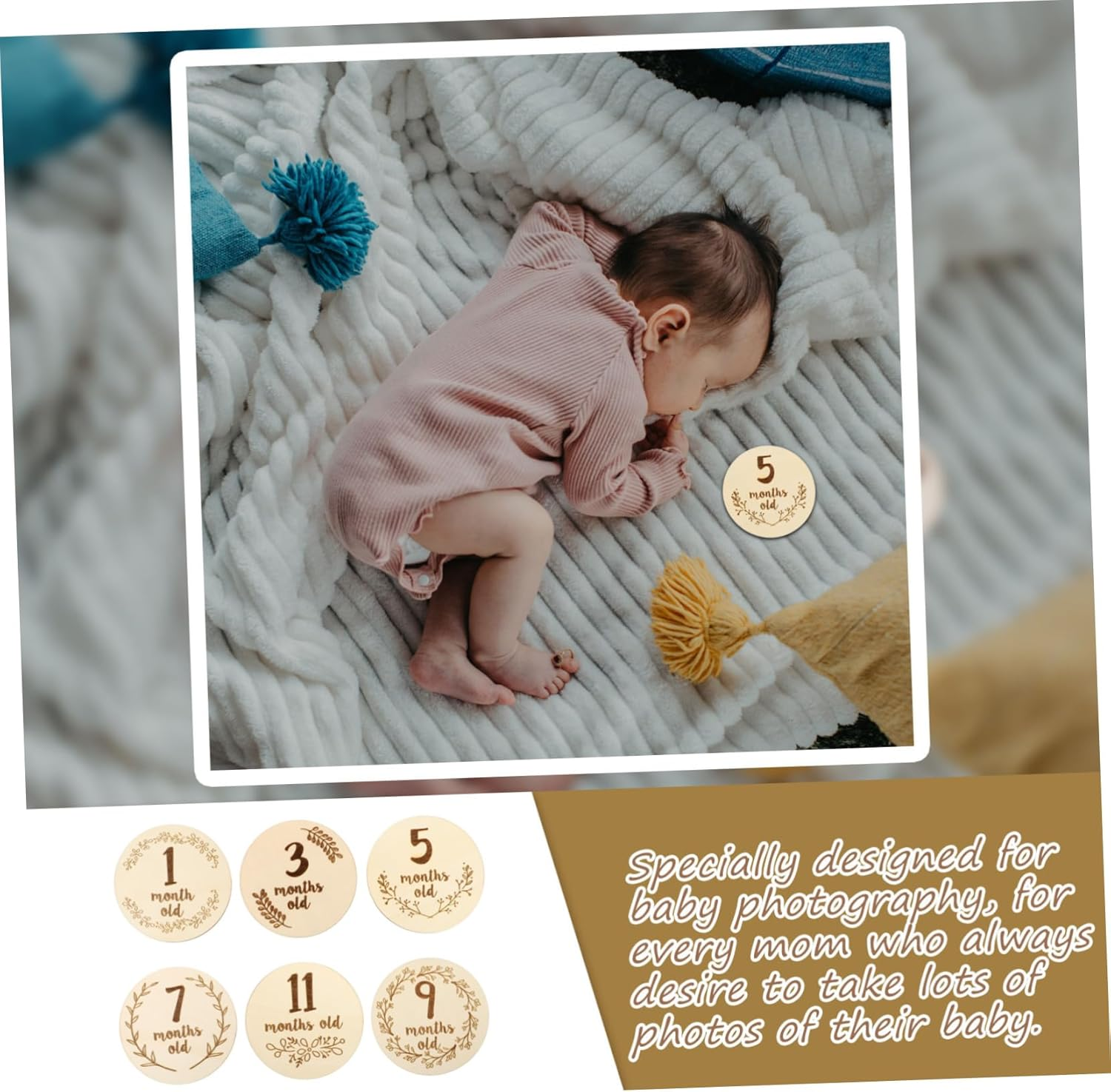6Pcs Monthly Milestone Cards for Newborns Wooden Milestone Photo Props Double-Sided Accessory for Books Newborn image number 1