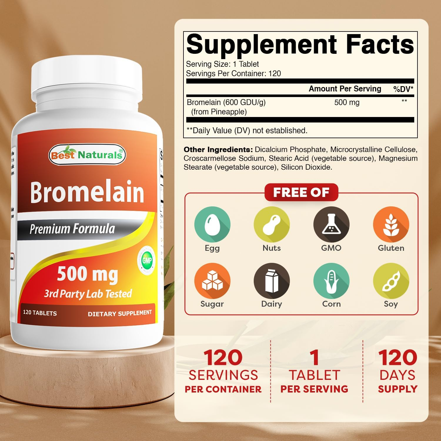 Best Naturals Bromelain 500Mg 120 Tablets (120 Count (Pack of 2)) image number 1