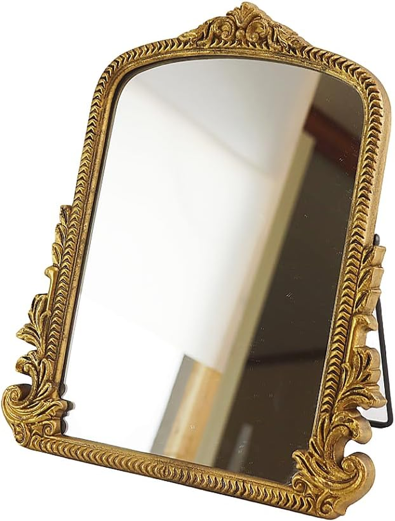 Vintage Vanity Makeup Desk Mirror，Antique Traditional Chic Arch Table Mirror Gold，Decor Wood Framed Small Standing Carved Arendahl Mirror for Living Room,Bedroom,Tabletop 11.8" X 9.6"