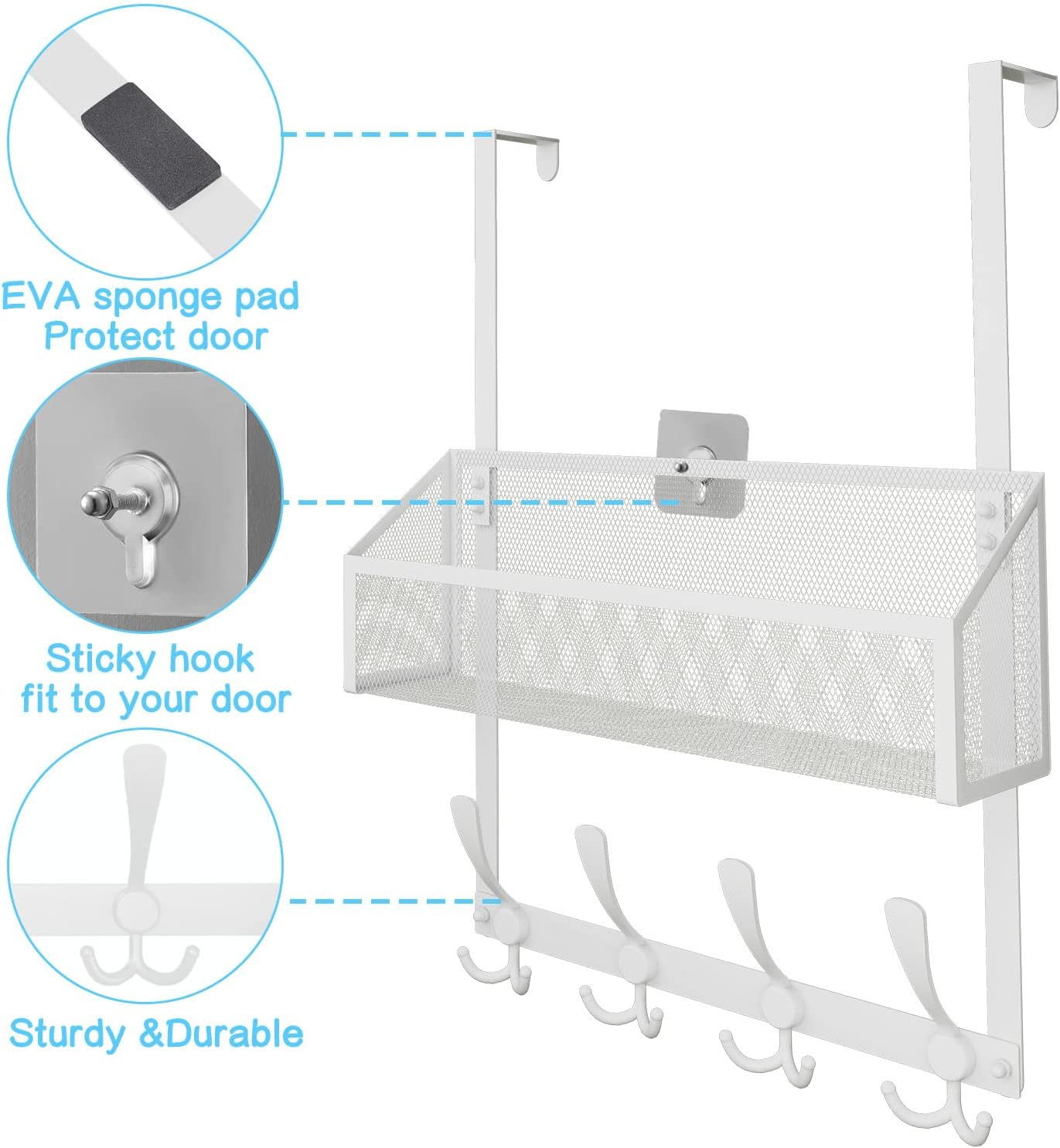 Kaiferty over the Door Hooks Organizer, Door Hanger Towel Rack Mesh Basket with 12 Hooks,Over the Door Storage Coat Hooks behind Door Organizer for Bathroom,Bedroom,Kitchen,Office(White) image number 6